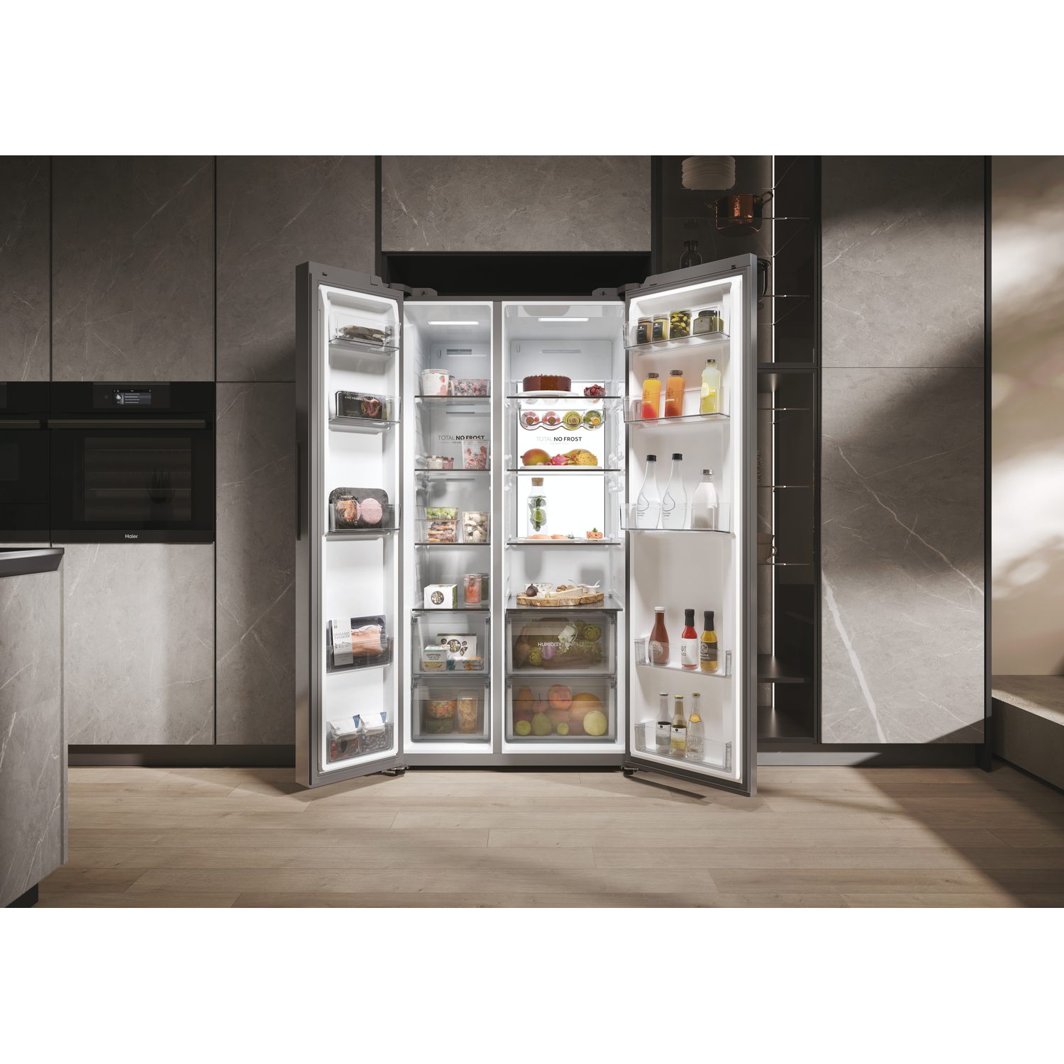 Open refrigerator with food. Gray exterior with marble-like walls and wooden floor.