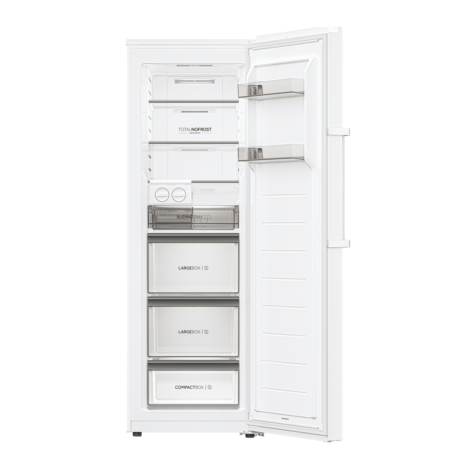 Open white freezer with drawers and shelves. Labeled: sliding tray, largebox, compactbox.