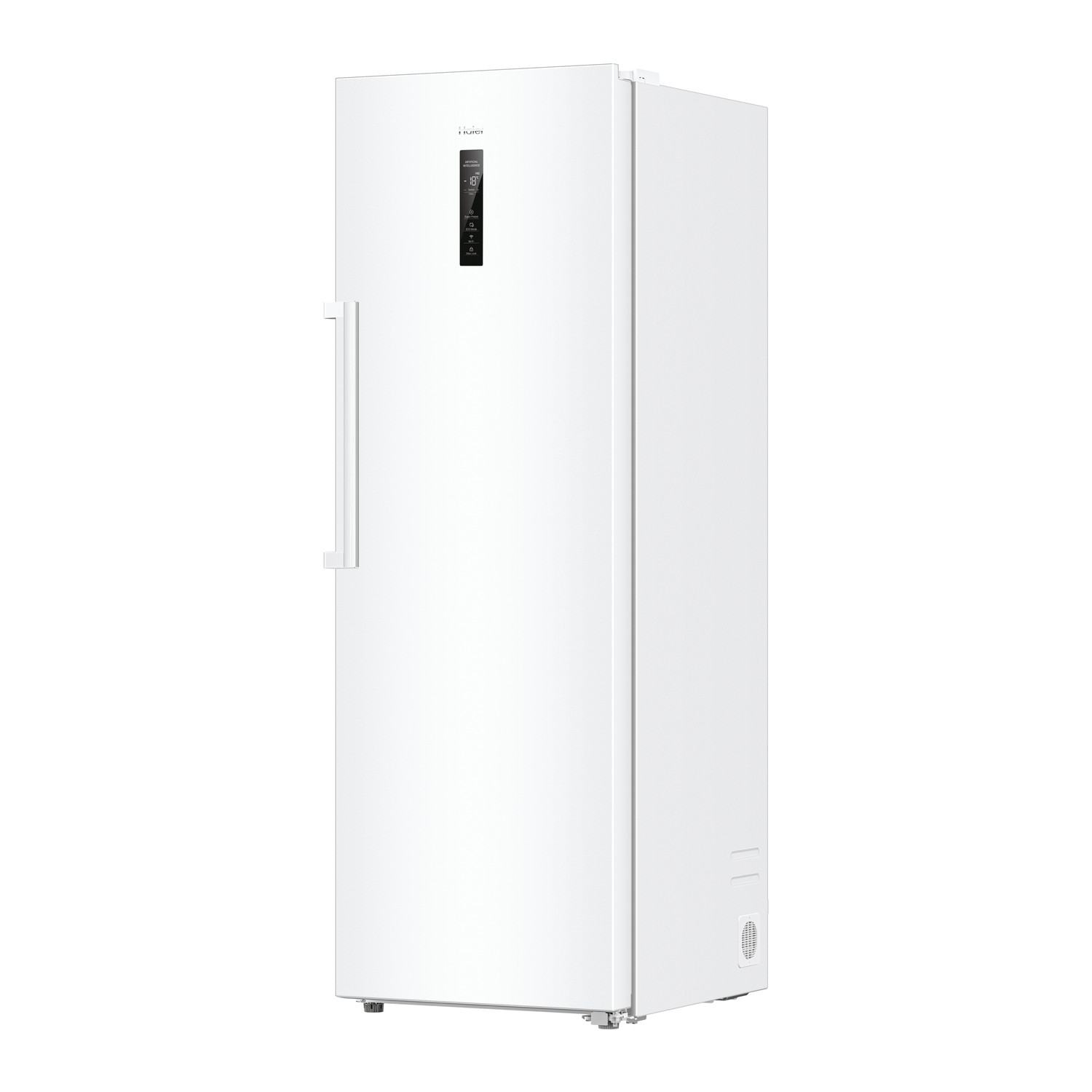 A tall, white Haier freezer. It has a black control panel and a handle. White background.