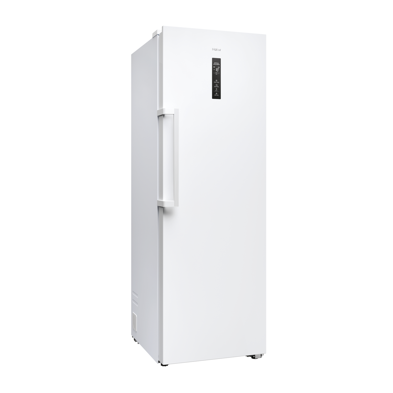 White Haier upright freezer. It has a digital display and a long handle.