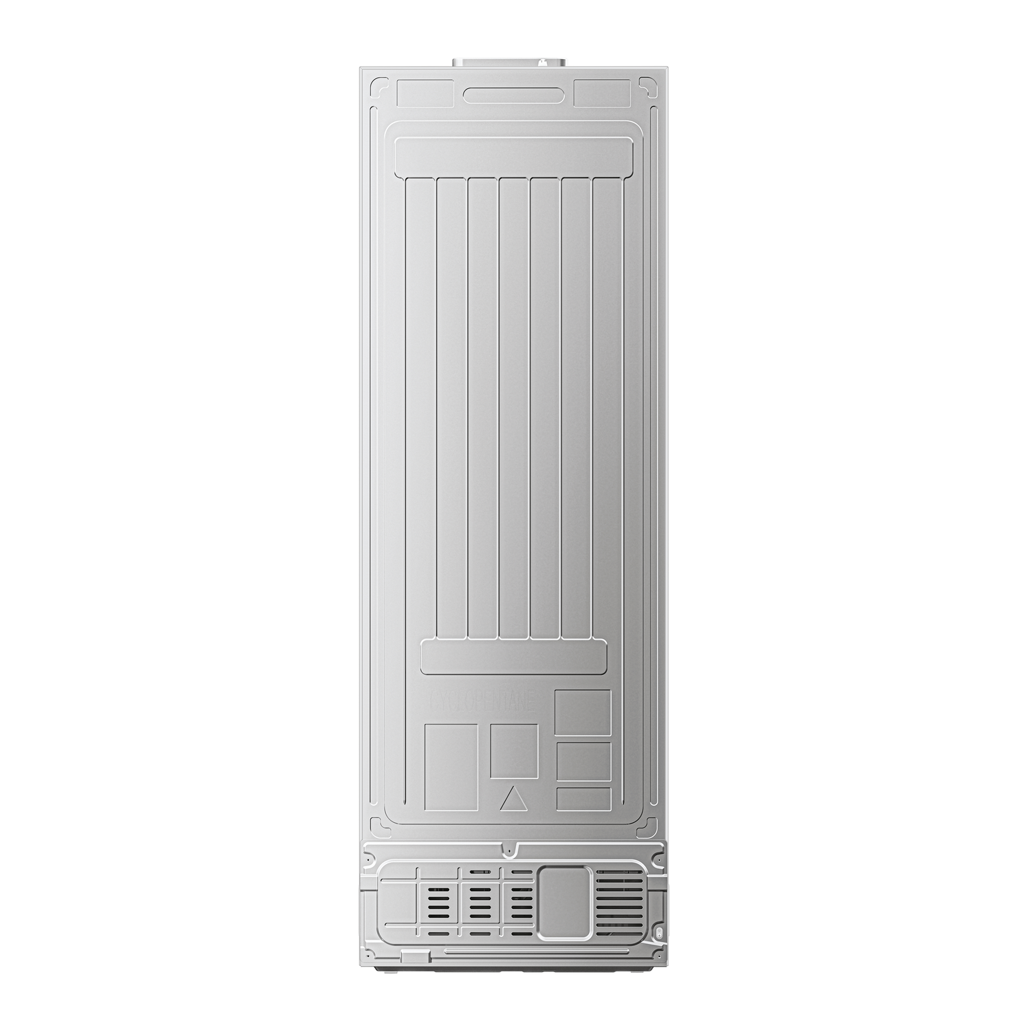 Back of a white refrigerator with a patterned design and vent.