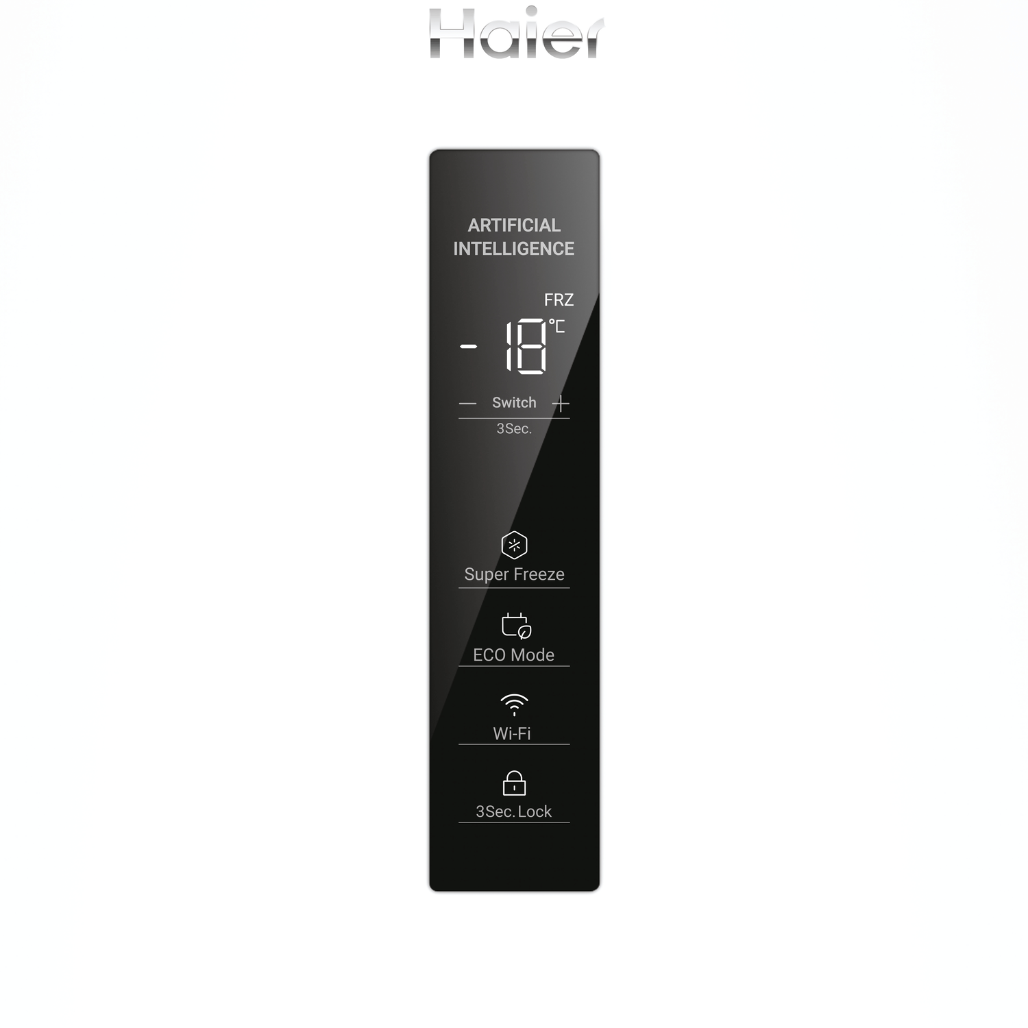 Black Haier refrigerator control panel. Shows the temperature display, and various function icons.