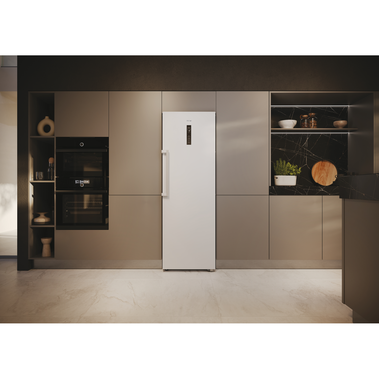 White refrigerator in a modern kitchen setting with built-in ovens and cabinets.