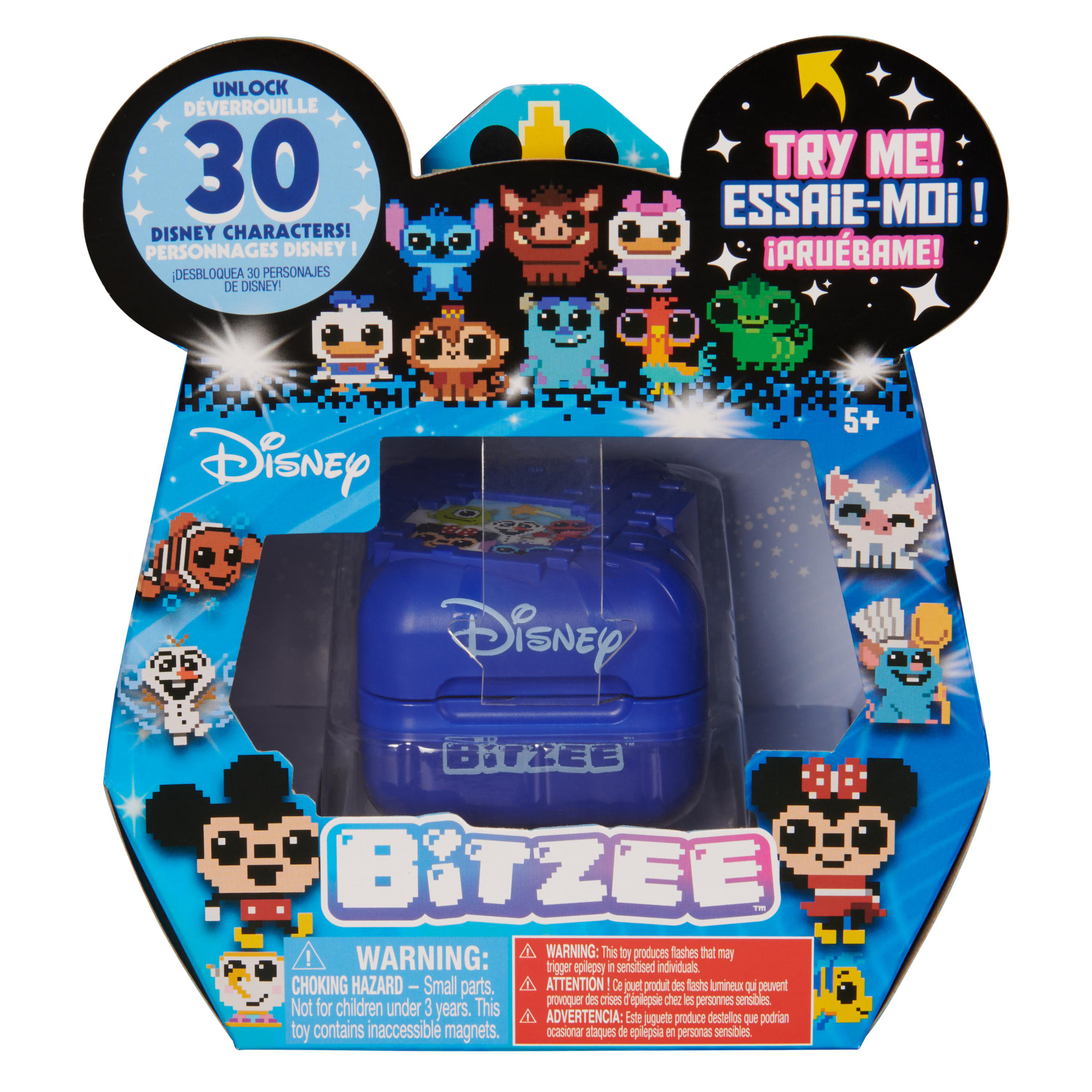 Disney Bitzee Spielzeugverpackung. Die Box ist blau mit pixeligen Disney-Charakteren und einem Bildschirm.