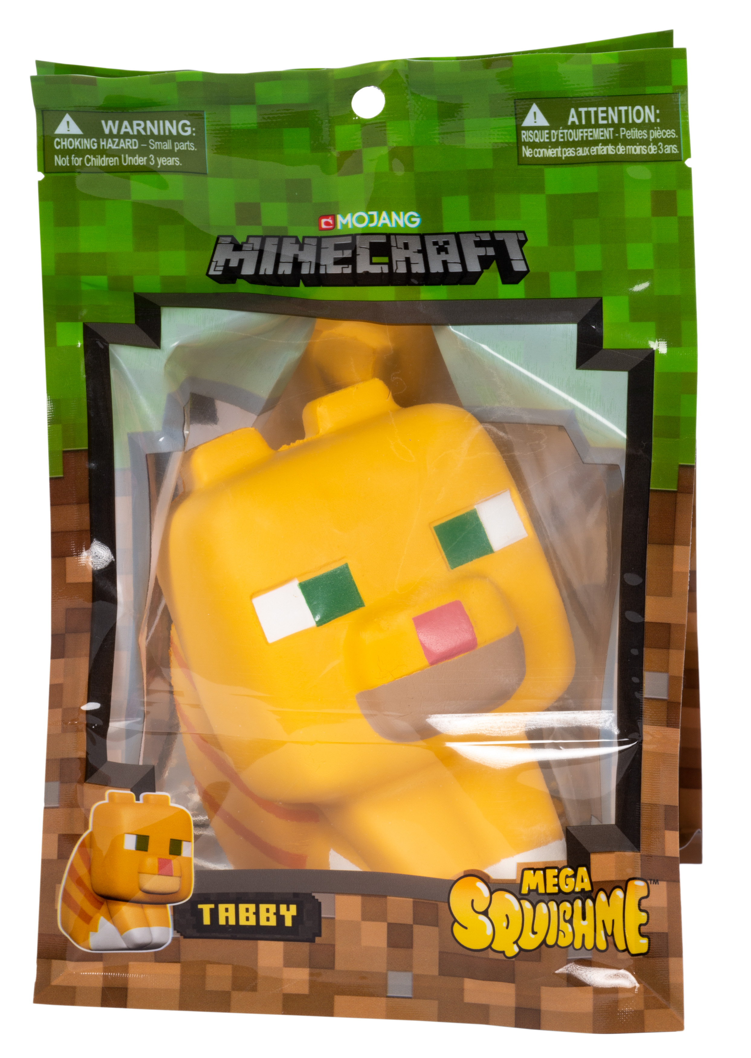 Minecraft Tabby-Katze-Squish-Spielzeug in einer Plastikverpackung.
