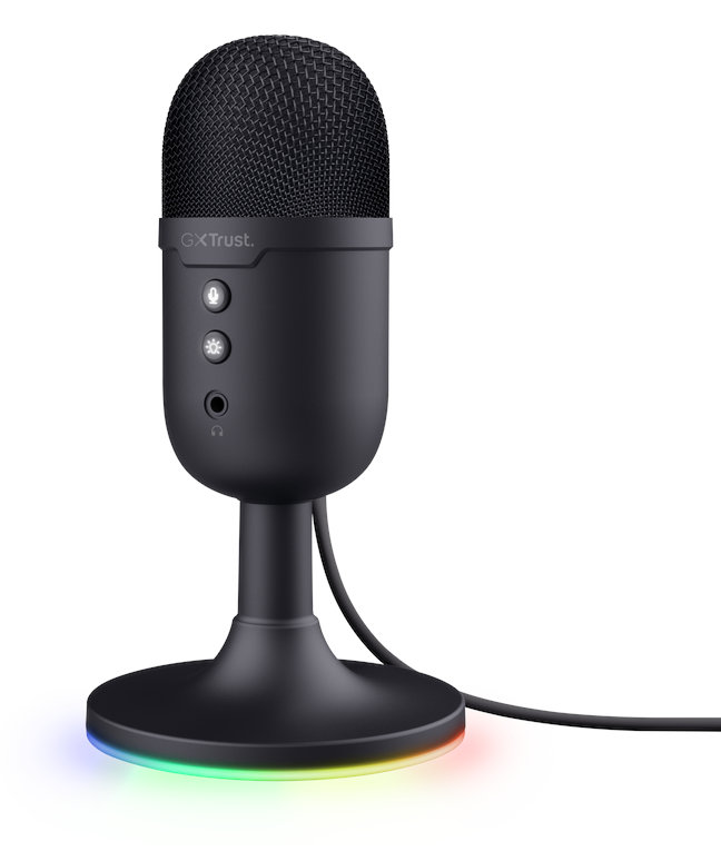 Czarny mikrofon GX Trust na statywie z kolorowym podświetleniem podstawy.