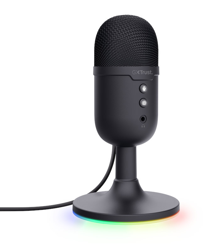 Czarny mikrofon na stojaku z kolorowymi światłami na podstawie.