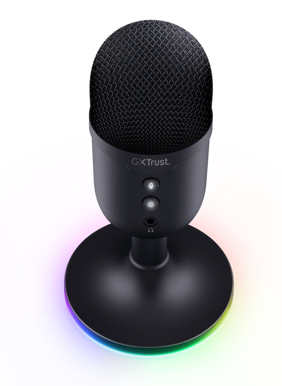 Czarny mikrofon Trust ze stojakiem i kolorową, podświetlaną podstawą.