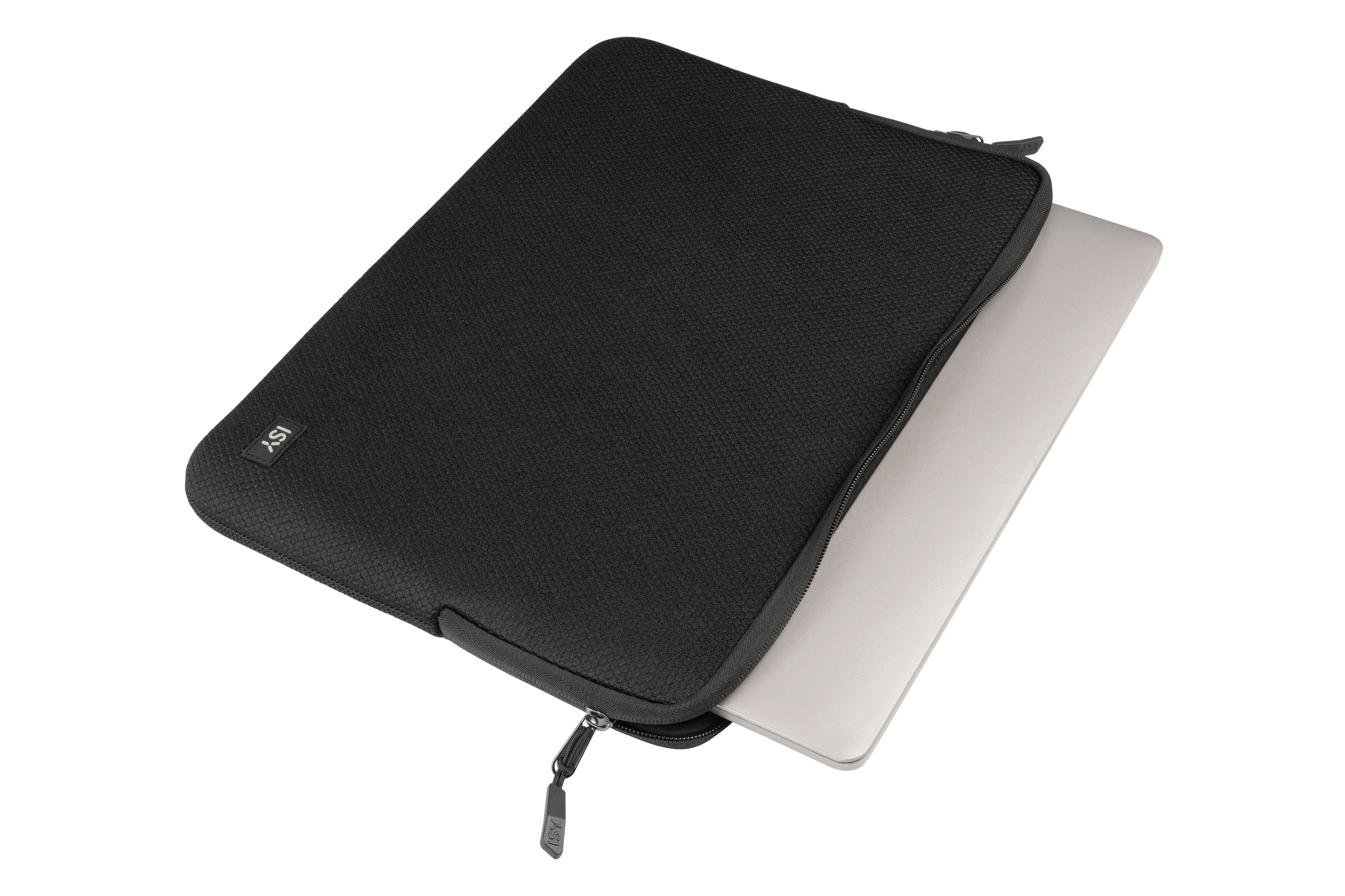 Eine schwarze Laptoptasche mit einem Laptop darin. Der Reißverschluss ist sichtbar.