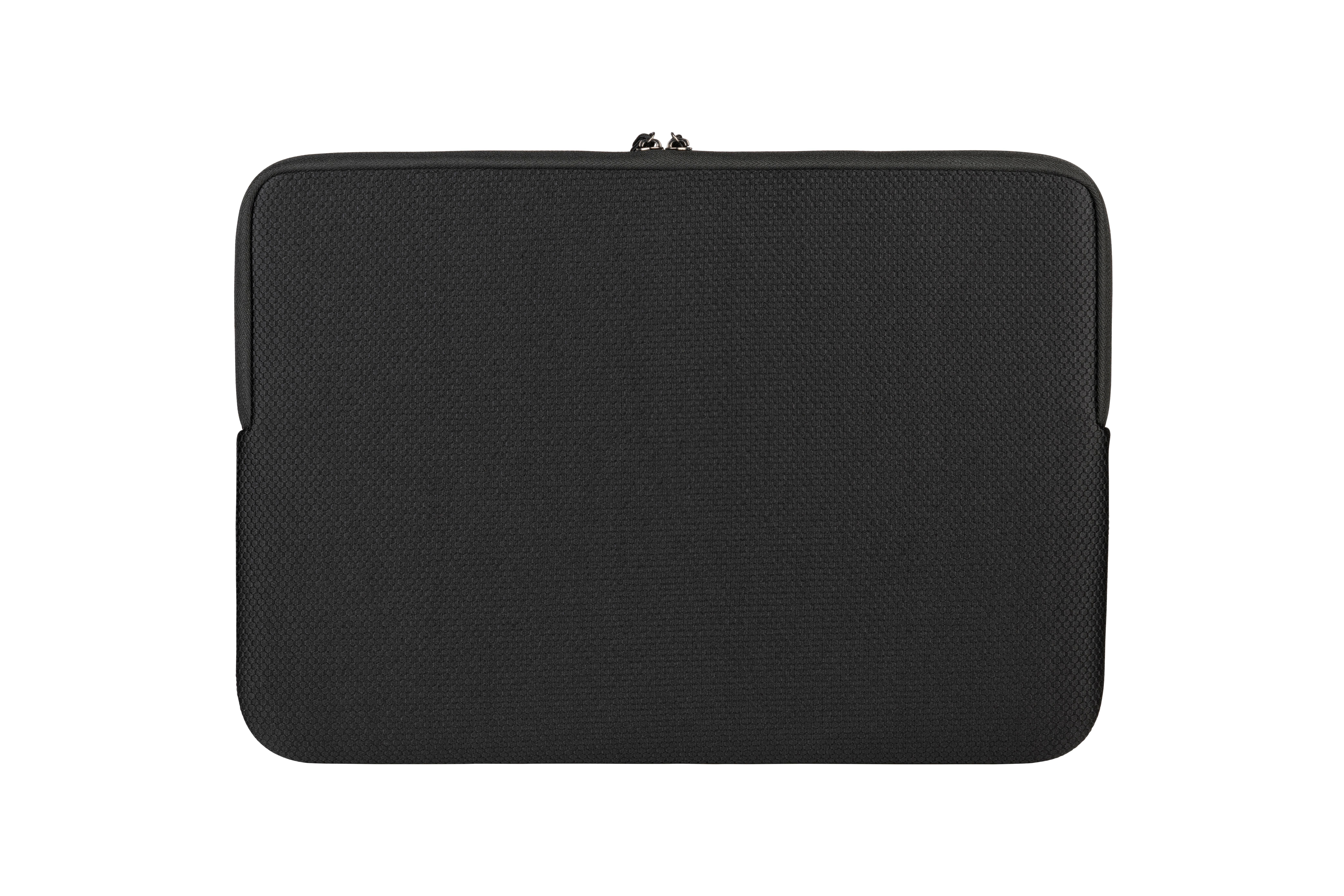 Eine schwarze Laptoptasche, rechteckig, mit Reißverschluss oben, auf weißem Hintergrund.