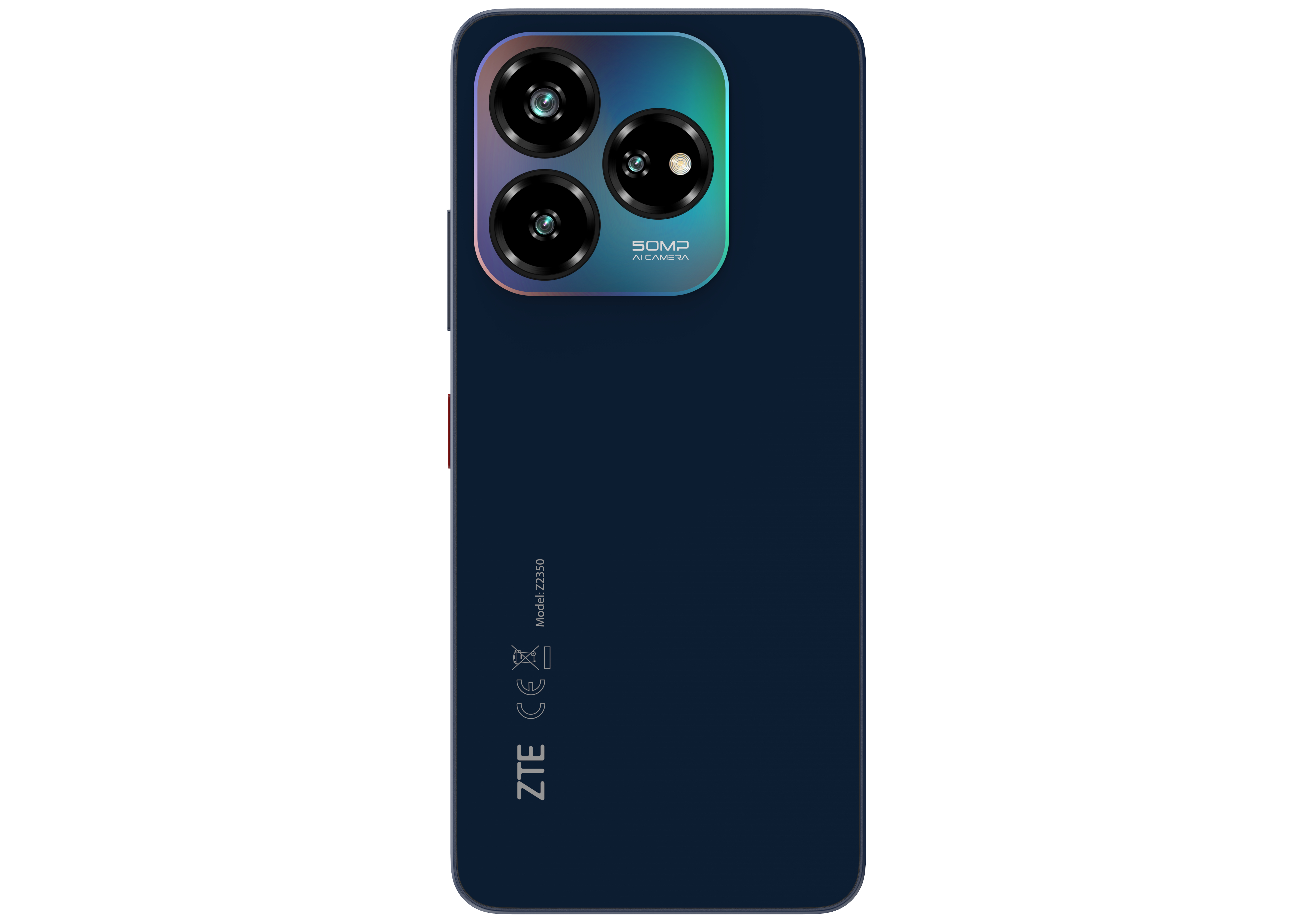 Rückseite eines blauen Telefons mit Dreifach-Kameraobjektiven und ZTE-Logo.