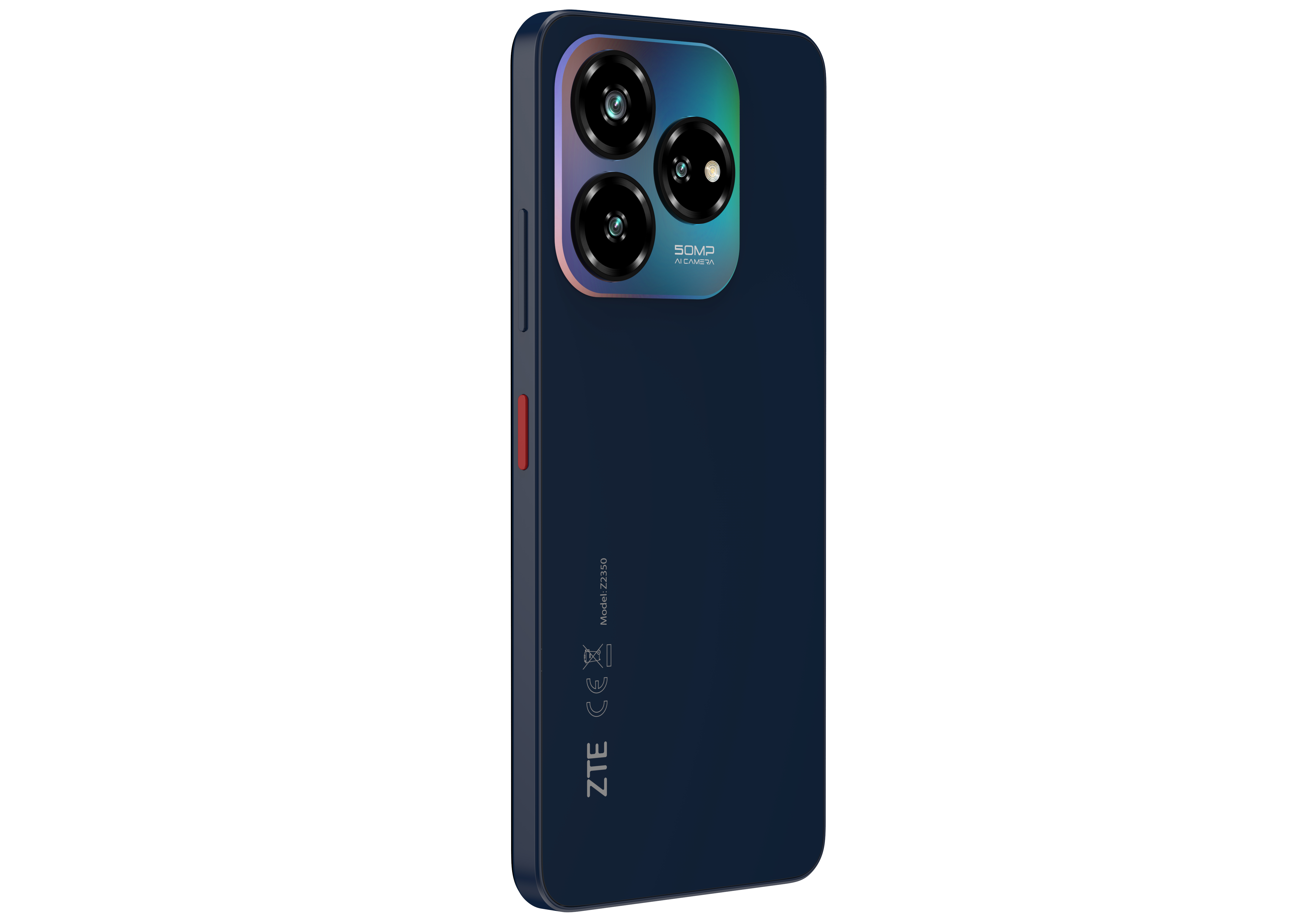 Ein dunkelblaues ZTE-Smartphone mit drei Rückkameras und einer roten Ein/Aus-Taste.