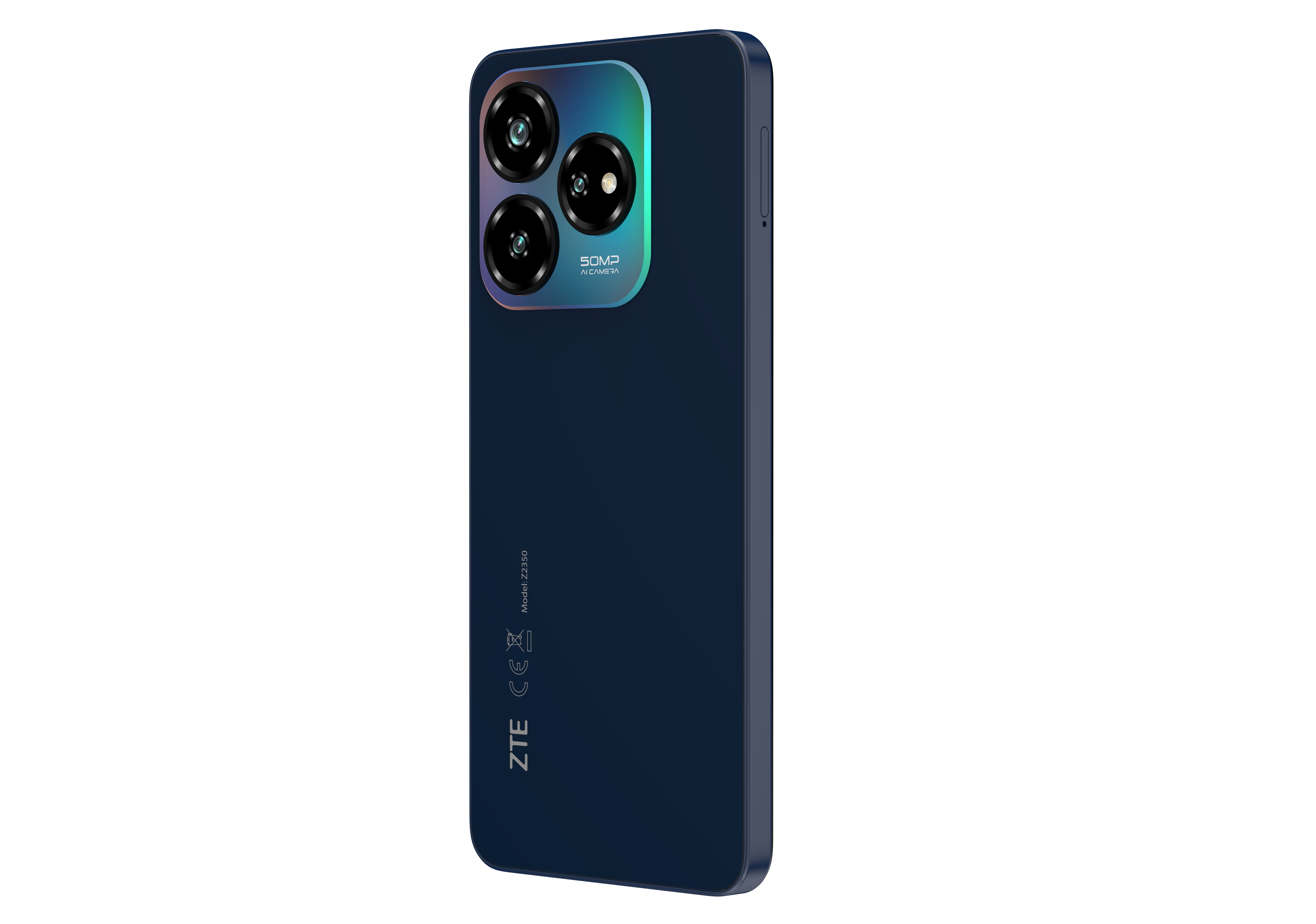 Dunkelblaues Smartphone mit drei Rückkameras. Ein kleiner Seitentaster ist sichtbar.