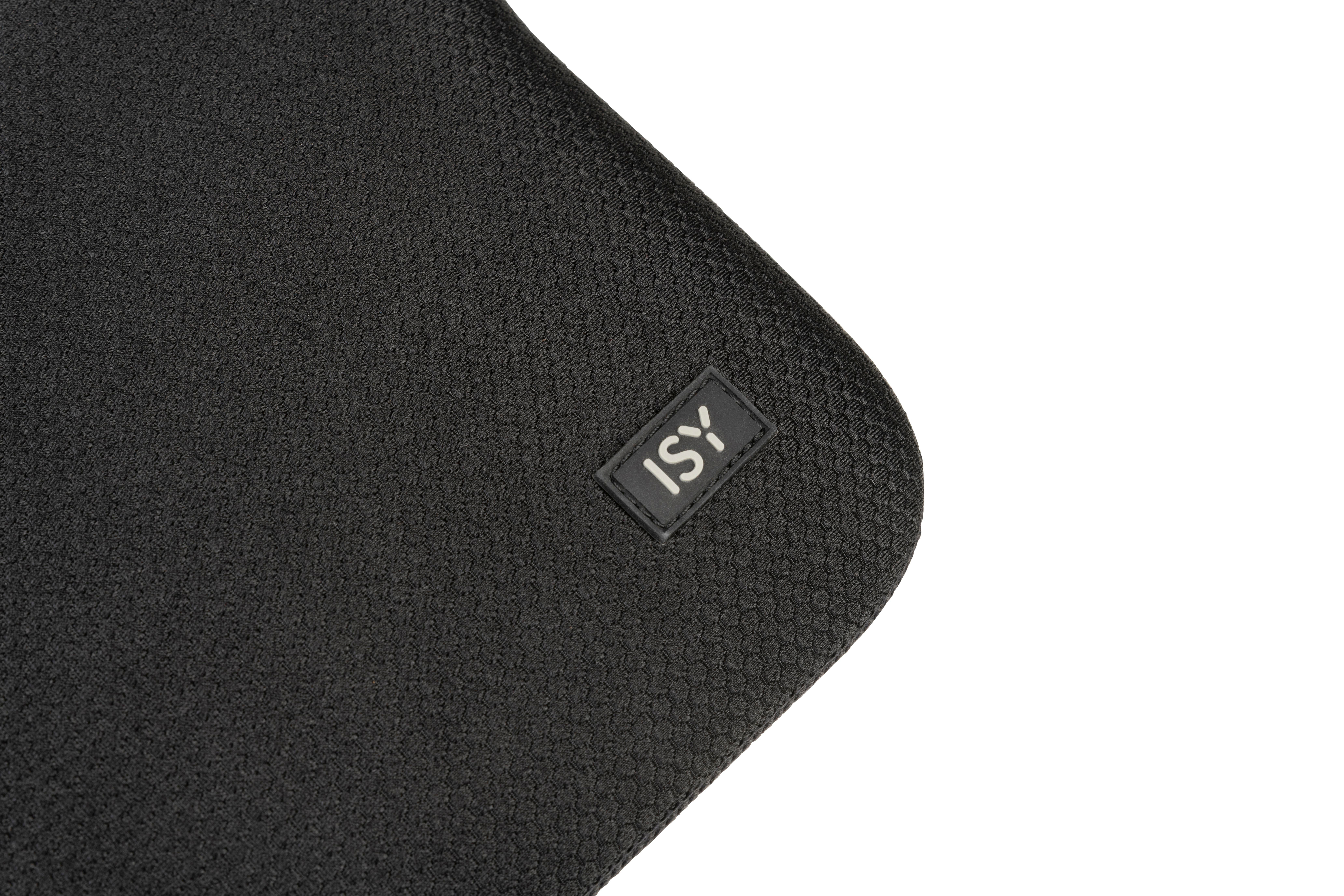 Eine schwarze, strukturierte Oberfläche mit einem 'ISY'-Logo in einem weißen Rechteck in der oberen rechten Ecke.