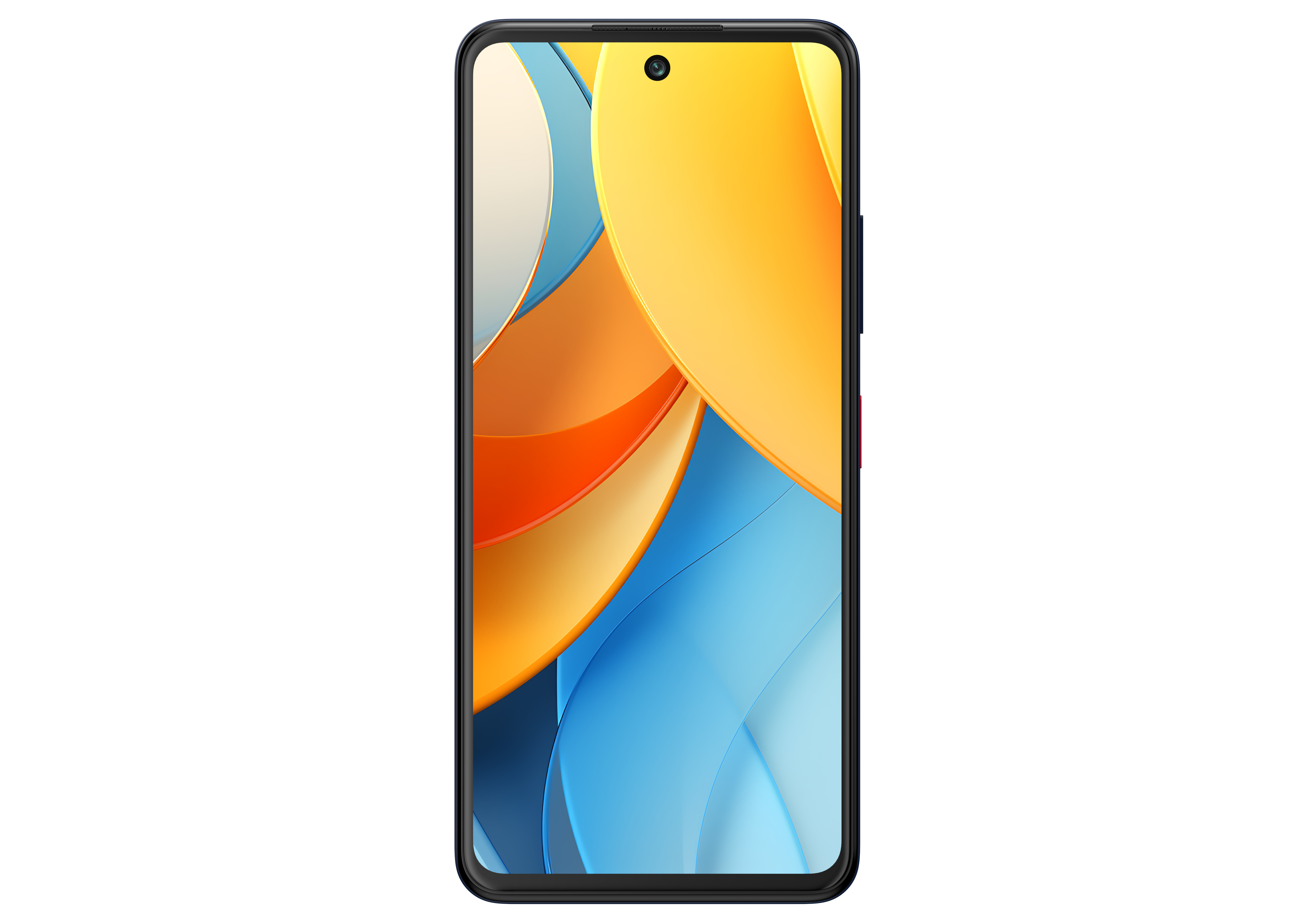 Ein Smartphone mit Lochkamera und gelb-blauem, abstraktem Design auf dem Bildschirm.