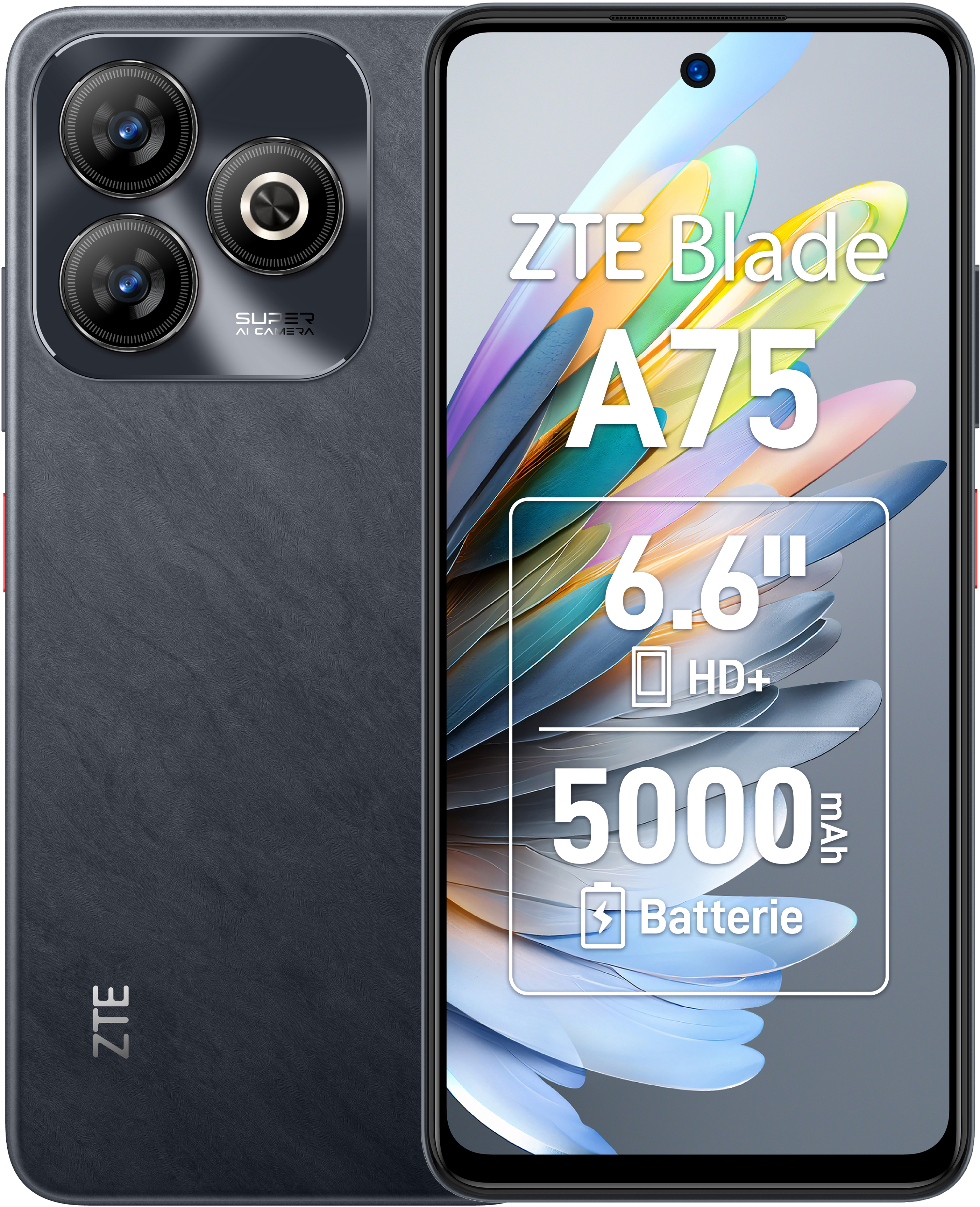 ZTE Blade A75 Smartphone mit drei Kameras, Bildschirm zeigt Informationen.
