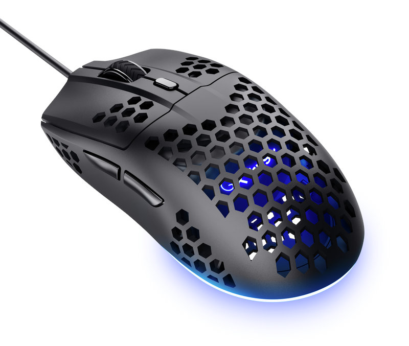 Czarna mysz gamingowa o strukturze plastra miodu. Widoczne niebieskie światło. Przewodowa.