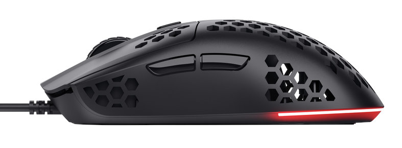 Czarna mysz do gier z wzorem plastra miodu i czerwonymi akcentami świetlnymi na białym tle.