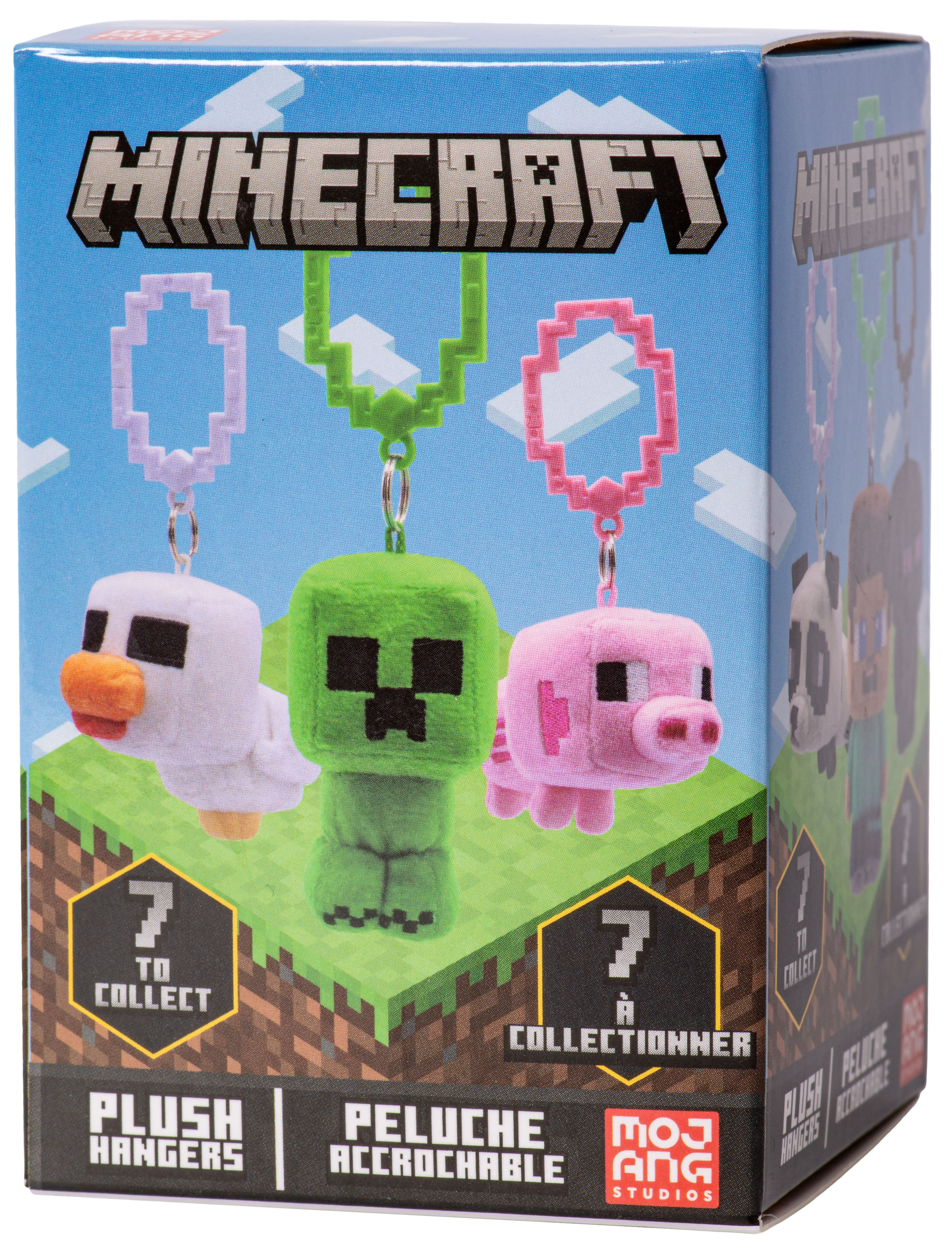 Eine Minecraft-Spielzeugkiste mit Plüschaufhängern von Minecraft-Charakteren: Ente, Creeper und Schwein.