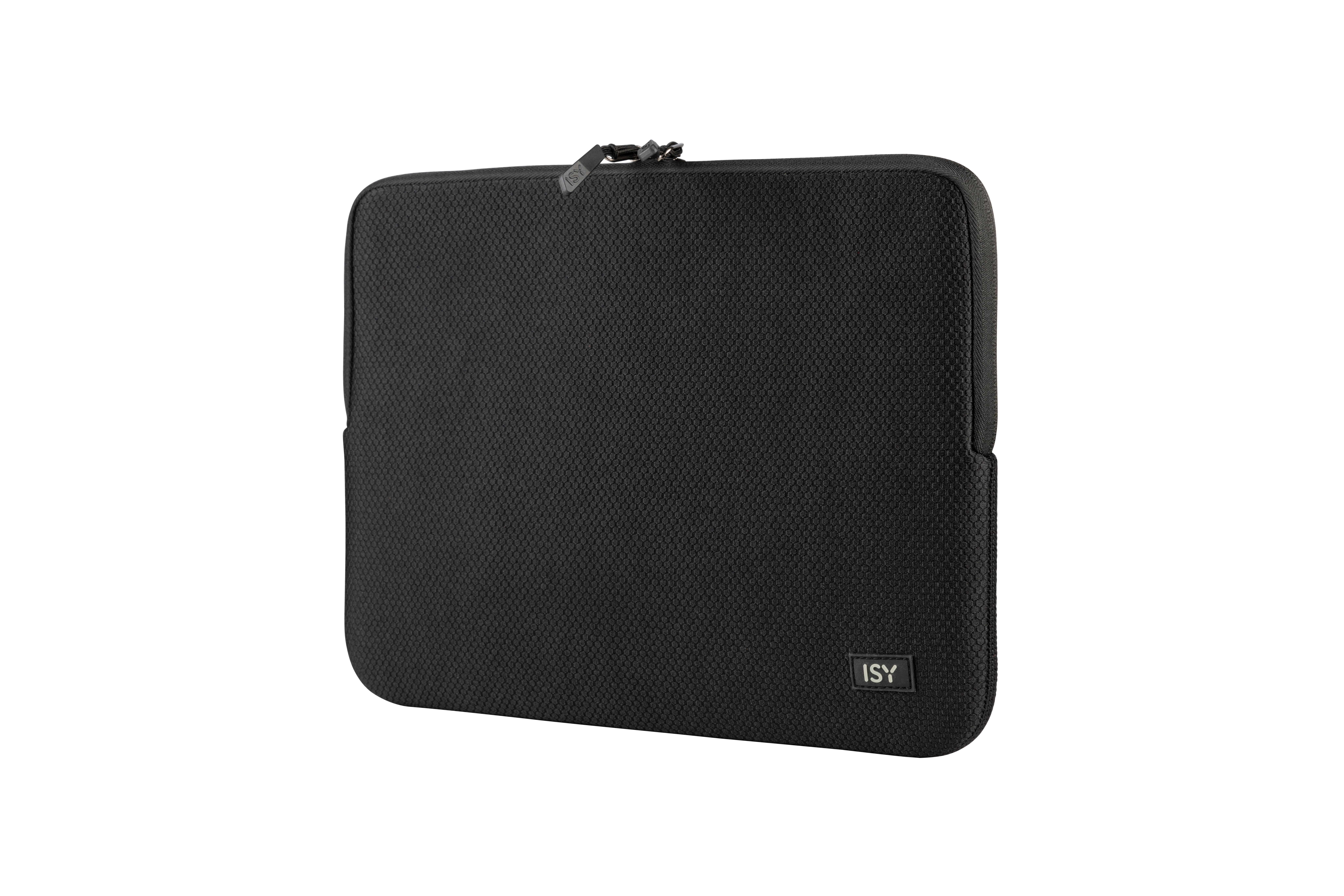 Eine schwarze Laptoptasche mit dem ISY-Logo.