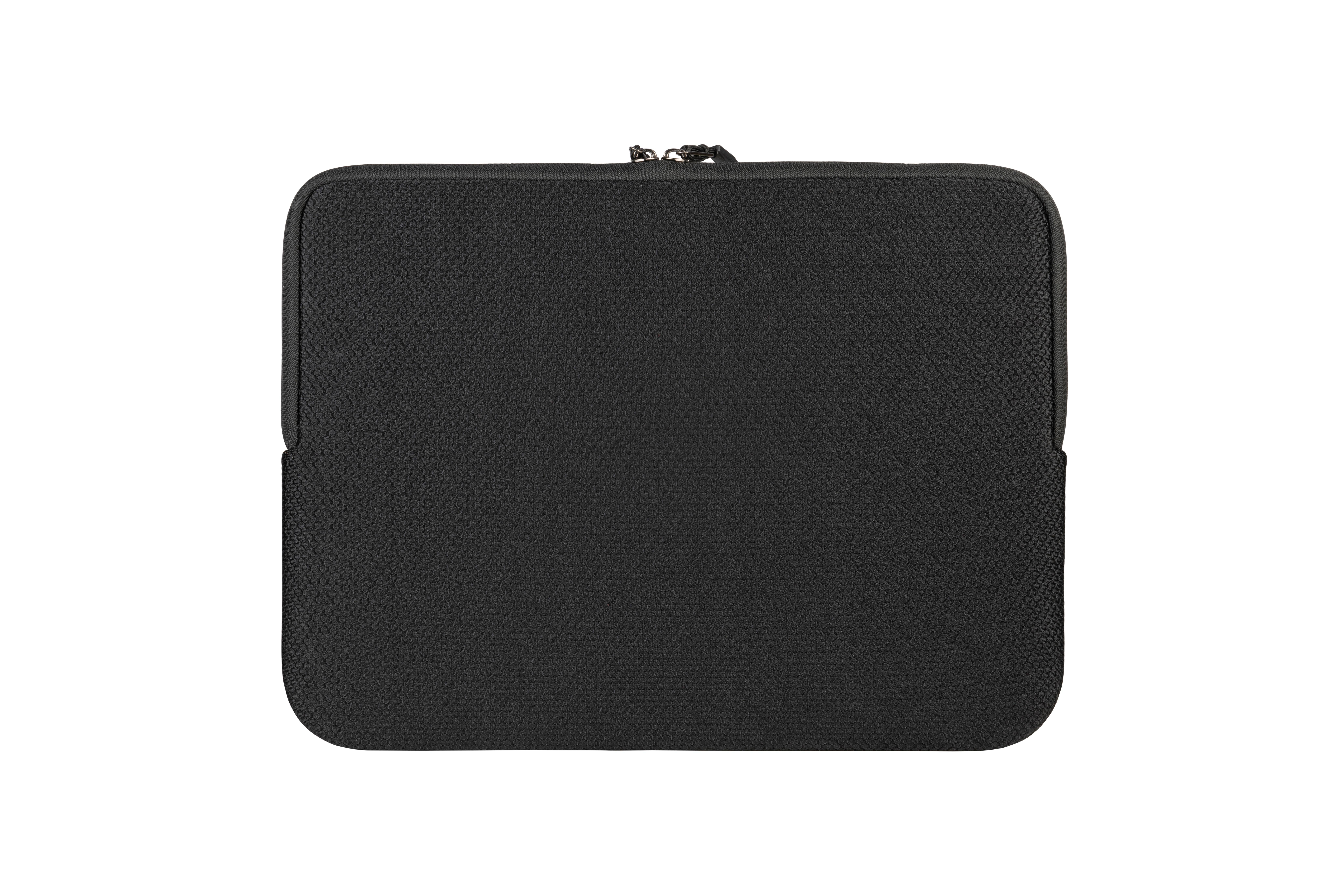 Schwarze Laptoptasche auf weißem Hintergrund, mit Reißverschluss.
