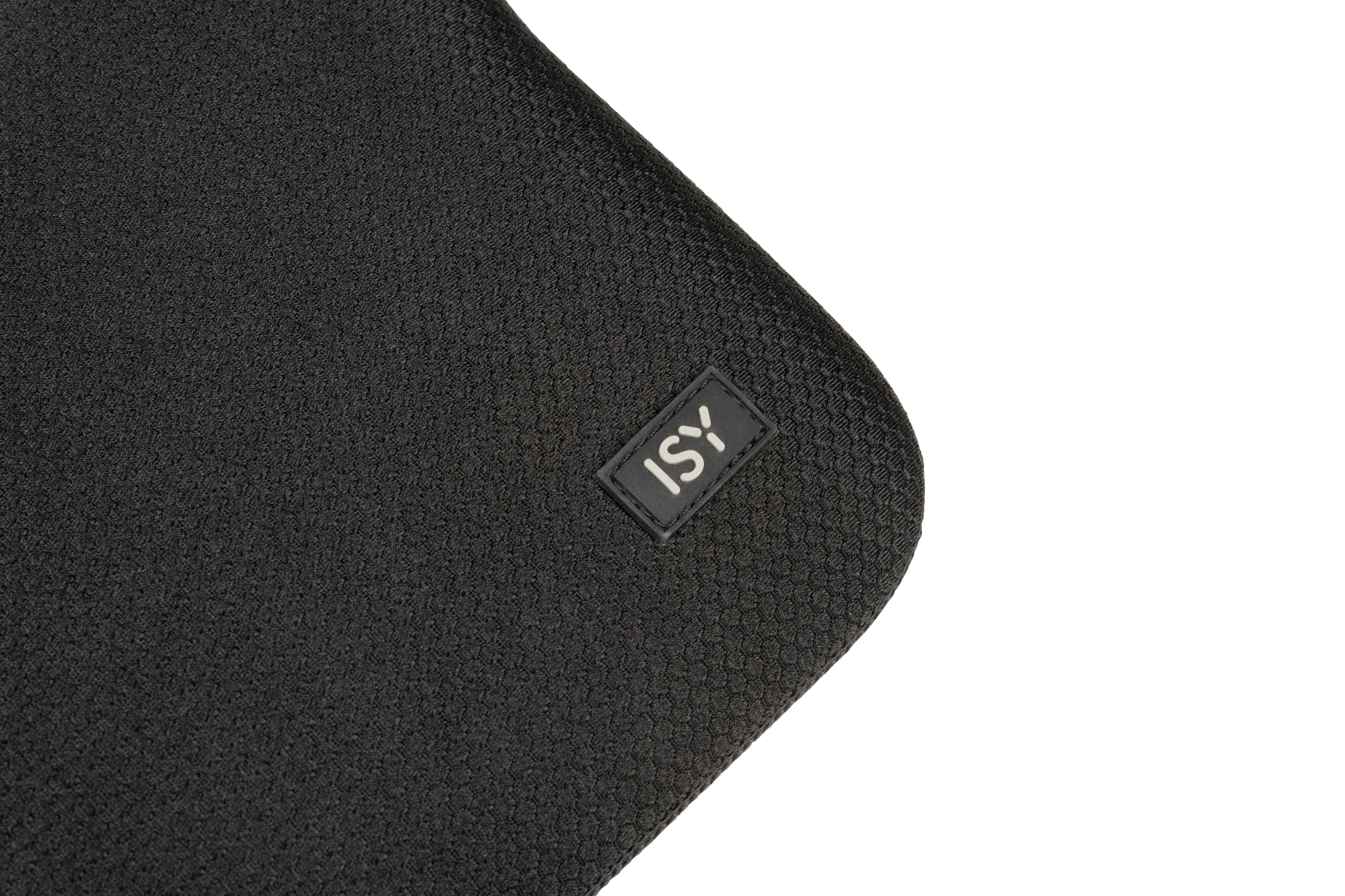 Nahaufnahme einer schwarzen strukturierten Oberfläche mit einem 'ISY'-Logo auf einem kleinen Patch.