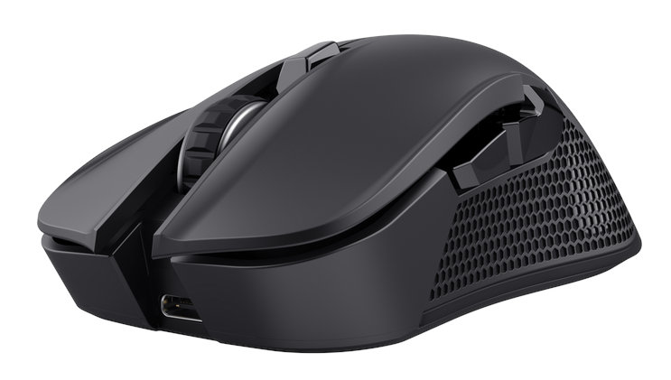 Czarna mysz do gier. Ma kółko przewijania, przyciski i teksturowany bok dla lepszego chwytu. Widoczny port USB.