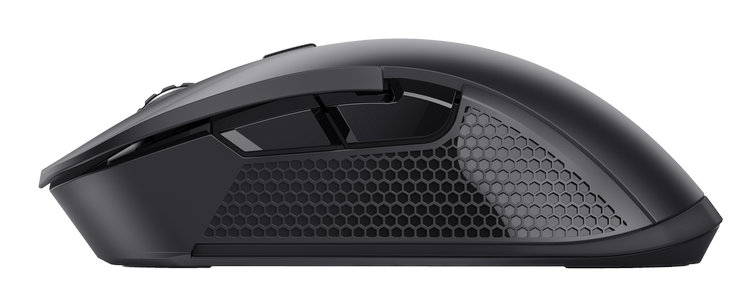 Czarna mysz bezprzewodowa na białym tle. Posiada przyciski i wzór plastra miodu.