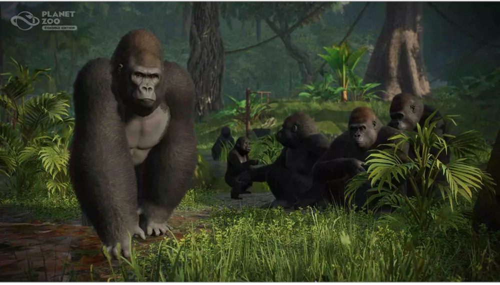 Gorilla's in een jungleomgeving. Een grote gorilla staat naar voren, anderen interageren op de achtergrond.