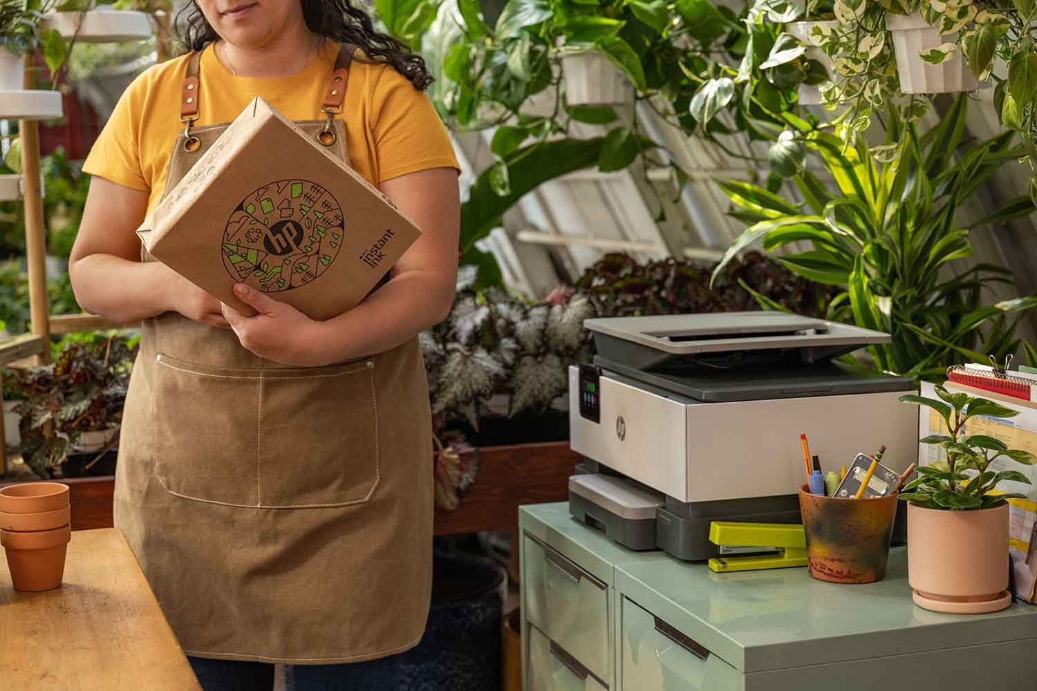 A person holds a box labeled "instant ink". Printer and plants are in the background.