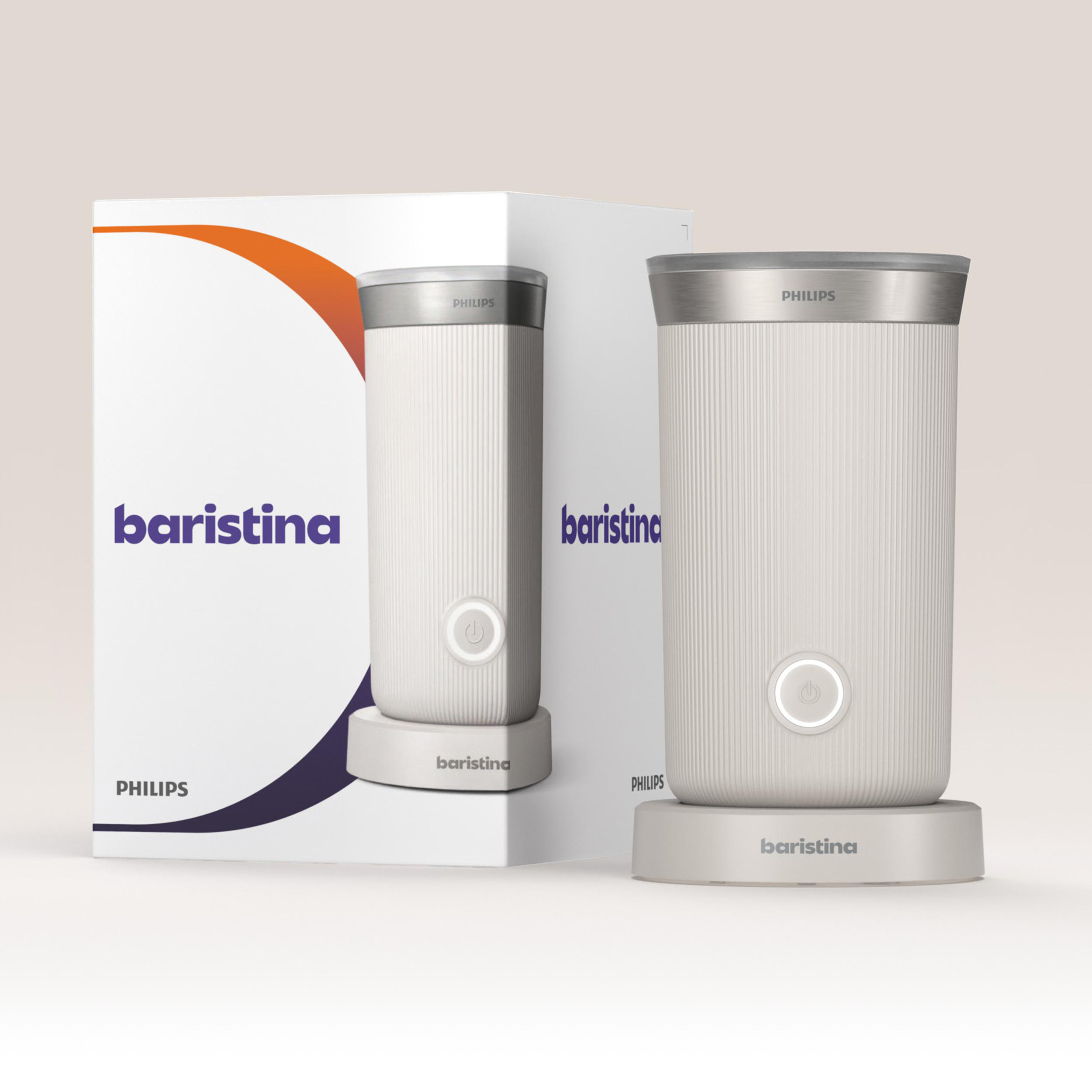 Eine weiß-silberne Kaffeemühle mit einer Box, auf der das Wort 'baristina' steht.
