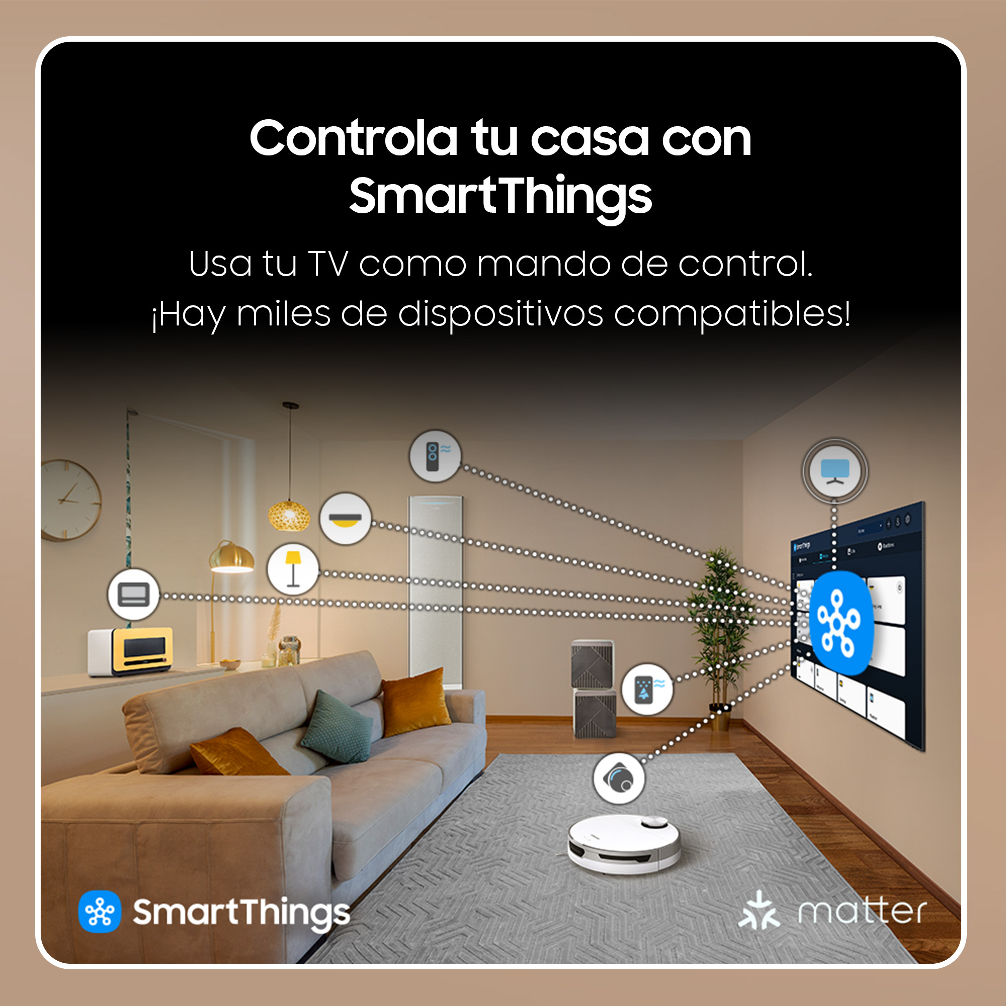 Salón con TV y gráfico SmartThings. Se muestran dispositivos como lámparas y robot aspirador.