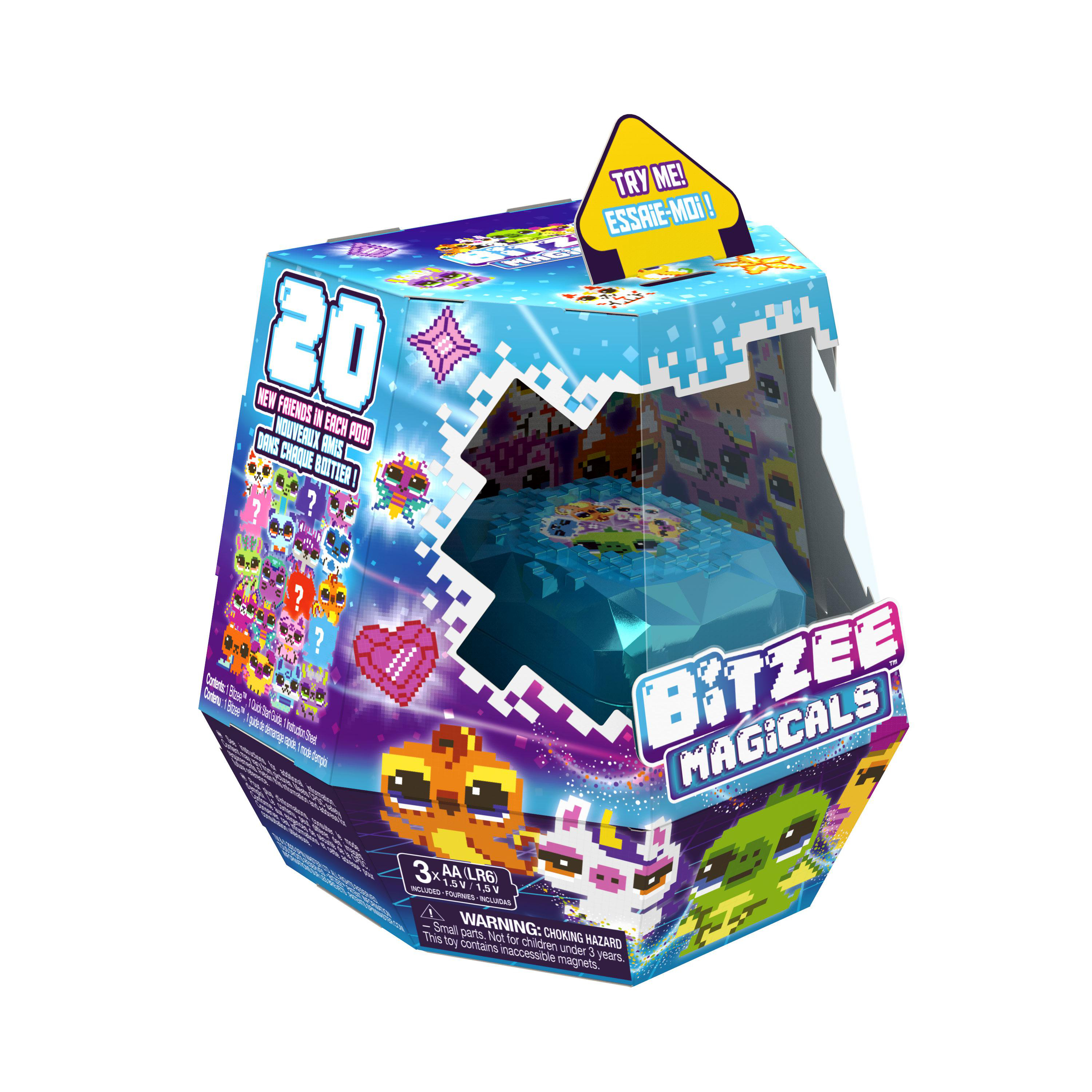Spielzeugkiste, blau und mehrfarbig mit Text und pixeligen Figuren auf weißem Grund.