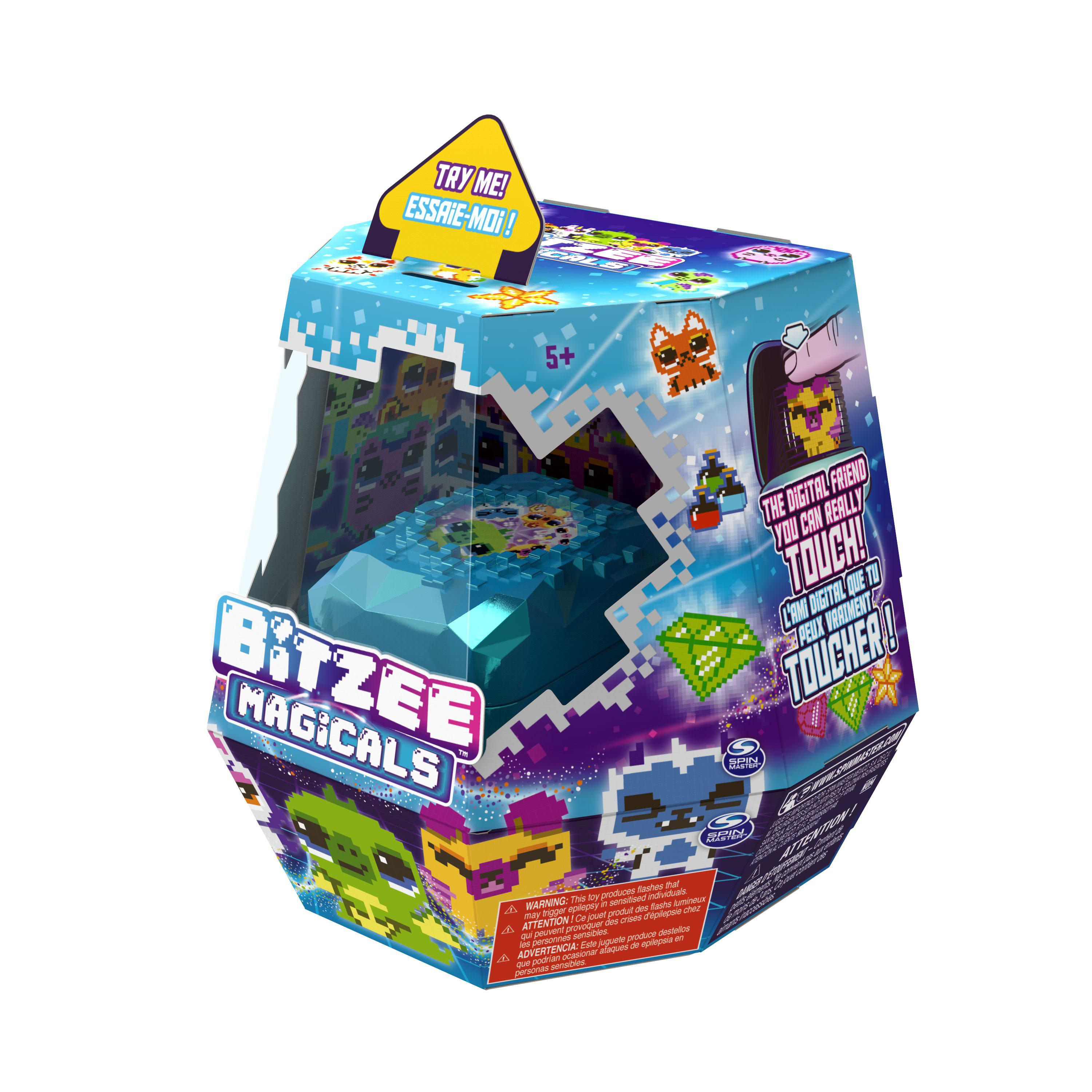 Blaue und weiße Spielzeugbox mit pixeligen Figuren und dem Text 'BITZEE MAGICALS'.
