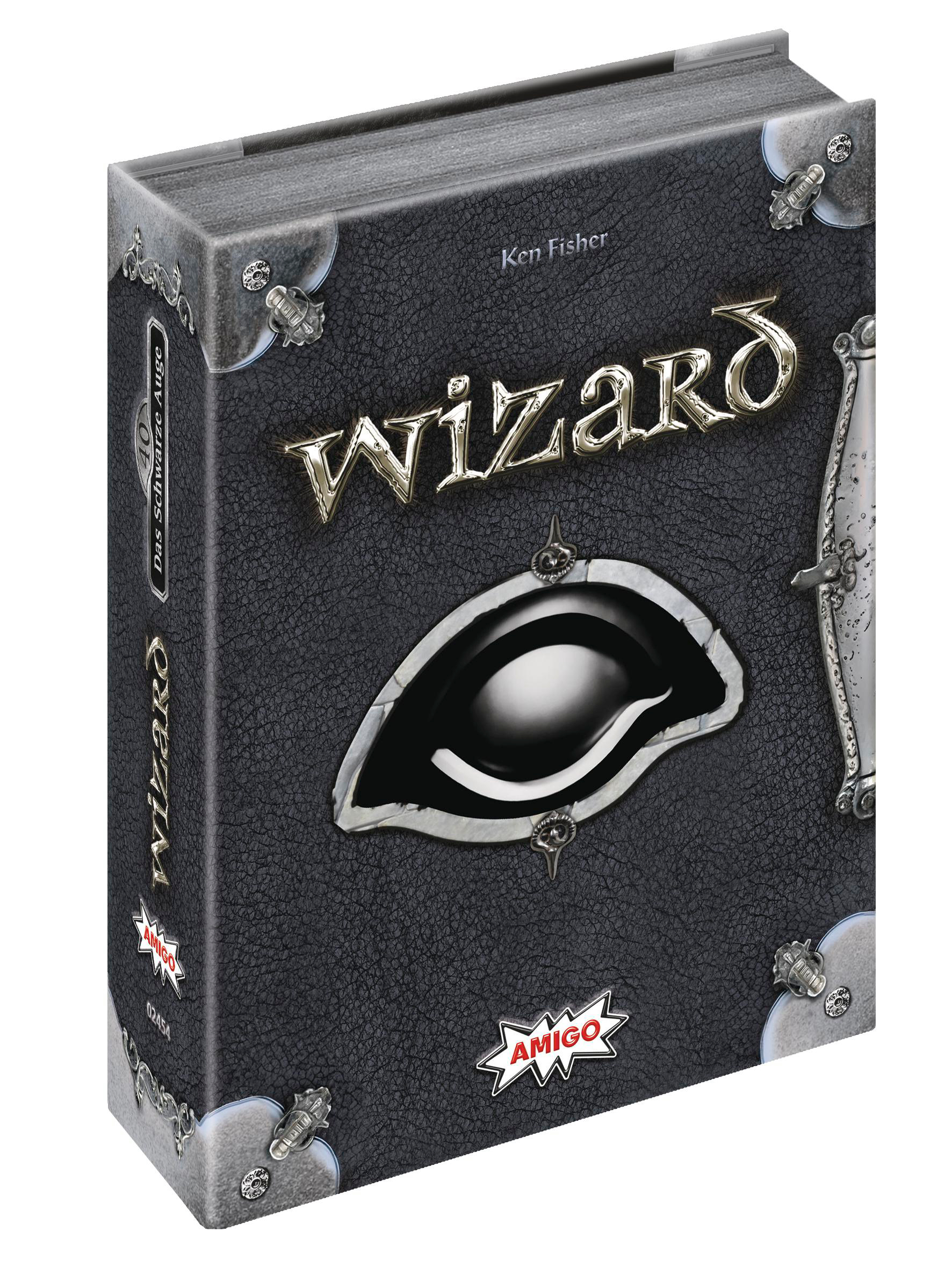 Brettspielbox. Die Vorderseite hat ein schwarzes Auge. 'Wizard' steht darauf.