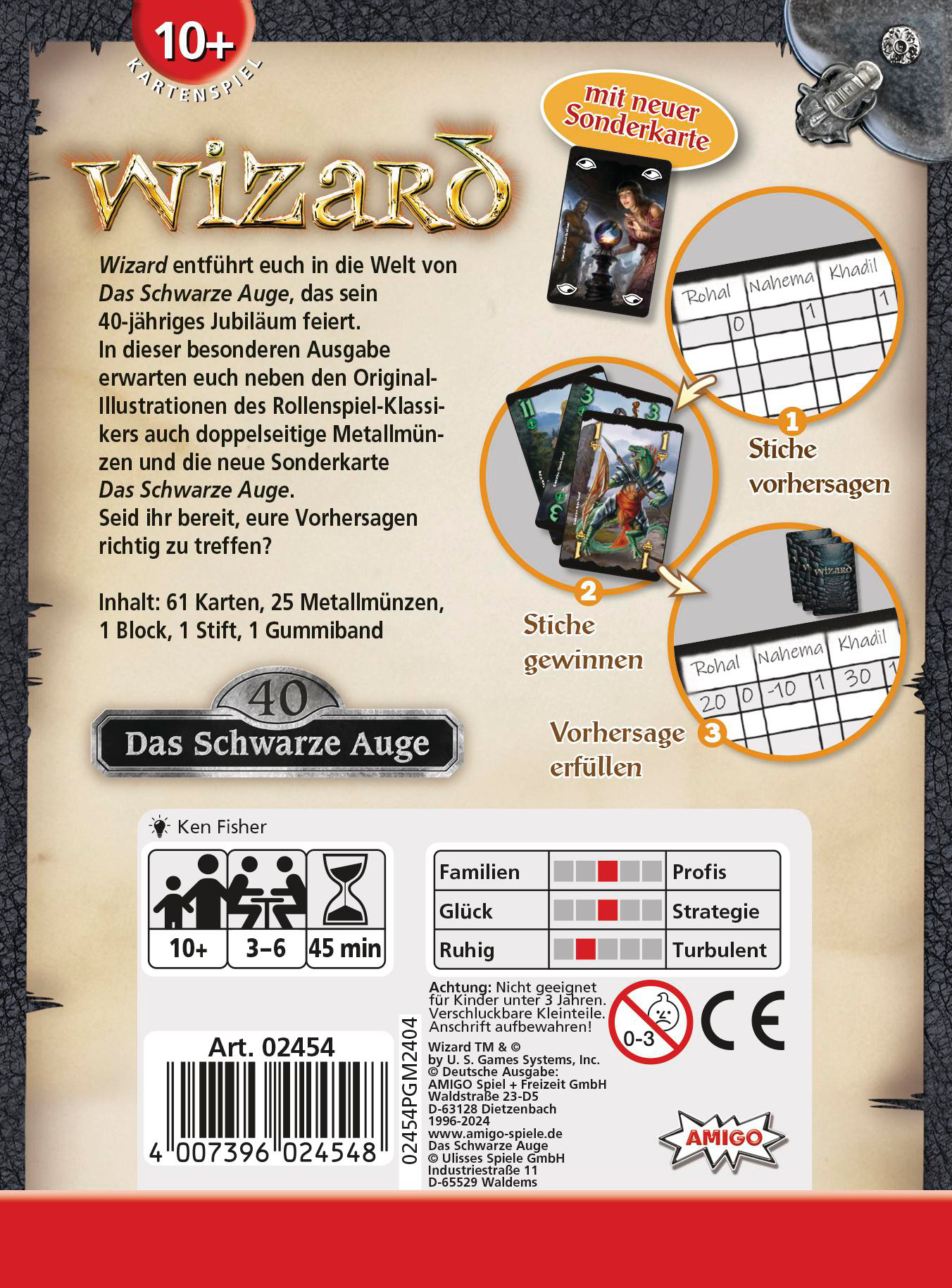 Eine Spielbox mit dem Text 'Wizard' und Zeichnungen von Karten und Charakteren.