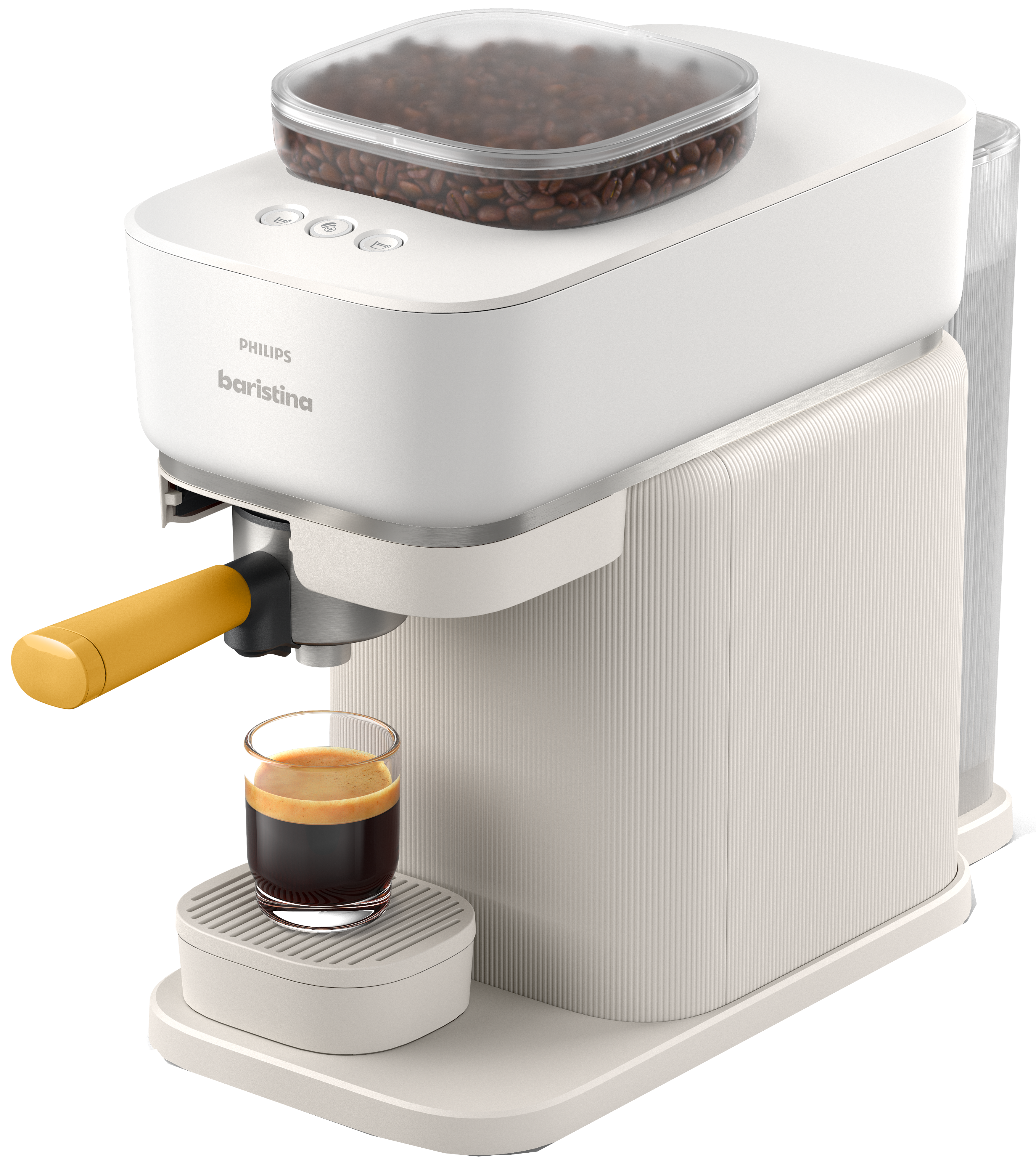 Weiße Philips Baristina Kaffeemaschine mit Bohnen im Behälter und einem Glas.