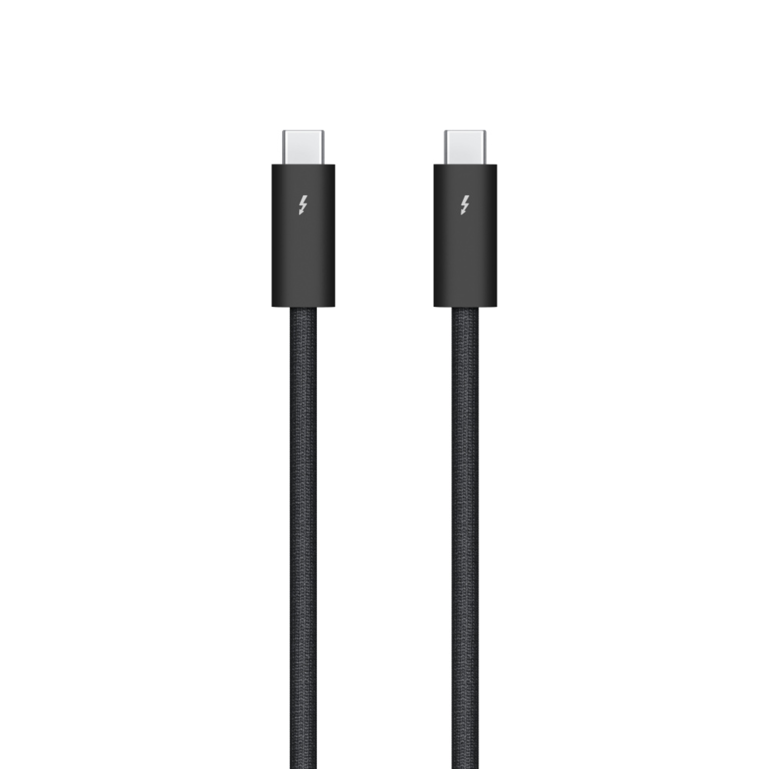 Two black Thunderbolt cables with silver connectors. Cables are close up on a white background.