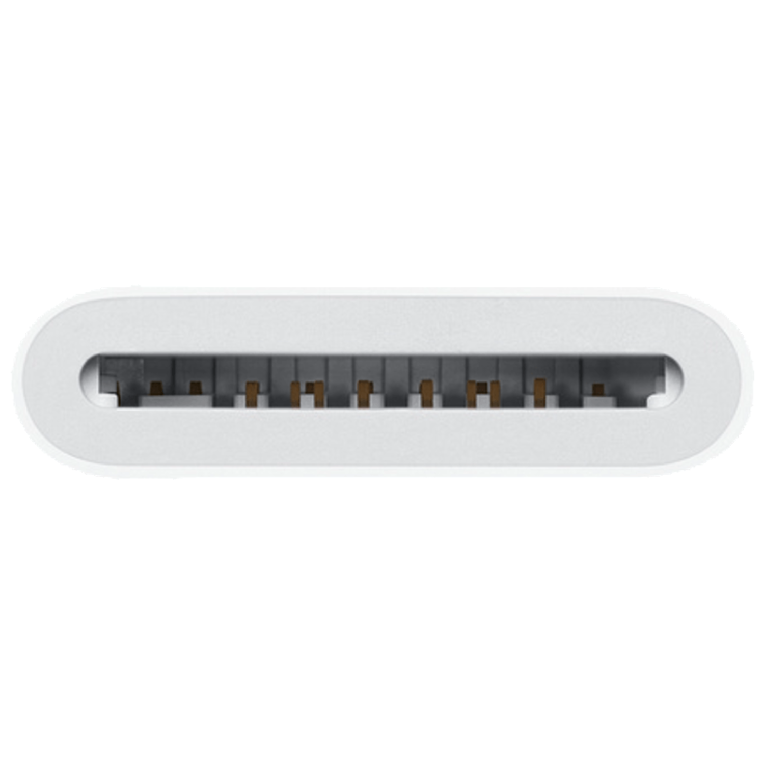 White, flat, rectangular device with multiple pin connectors, viewed from above.