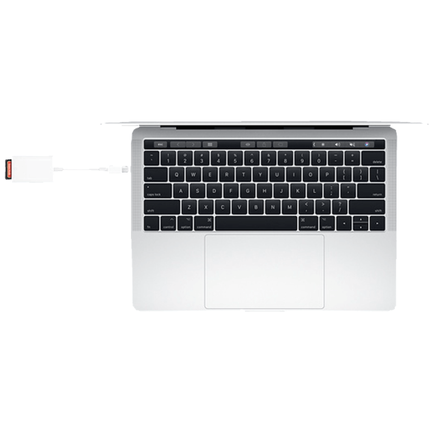 A laptop with a white adapter connected to the side.