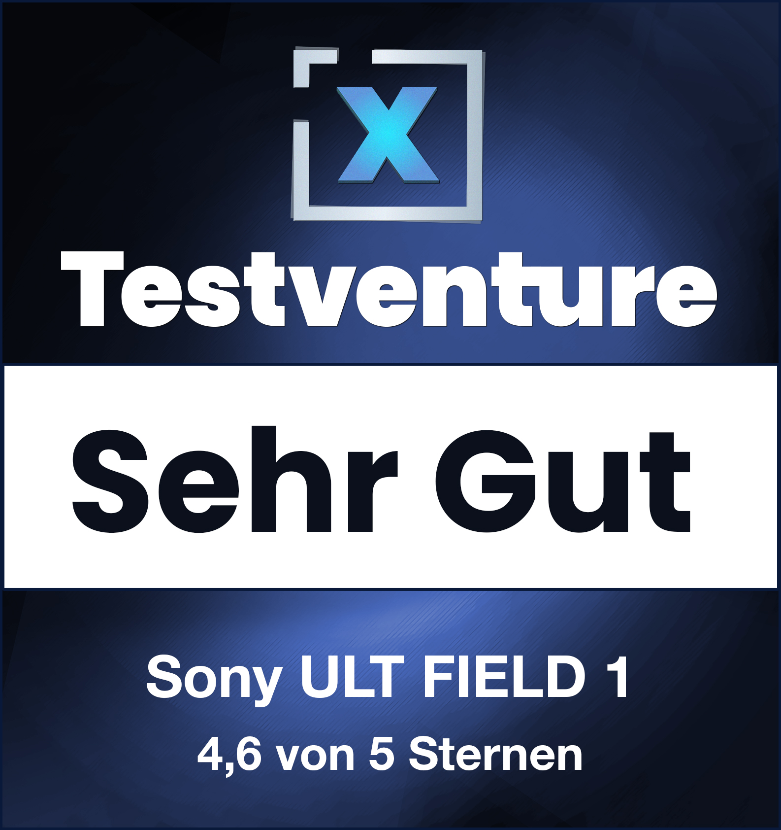 Überprüfungsgrafik mit Text. Es steht 'Testventure Sehr Gut' und 'Sony ULT FIELD 1'.
