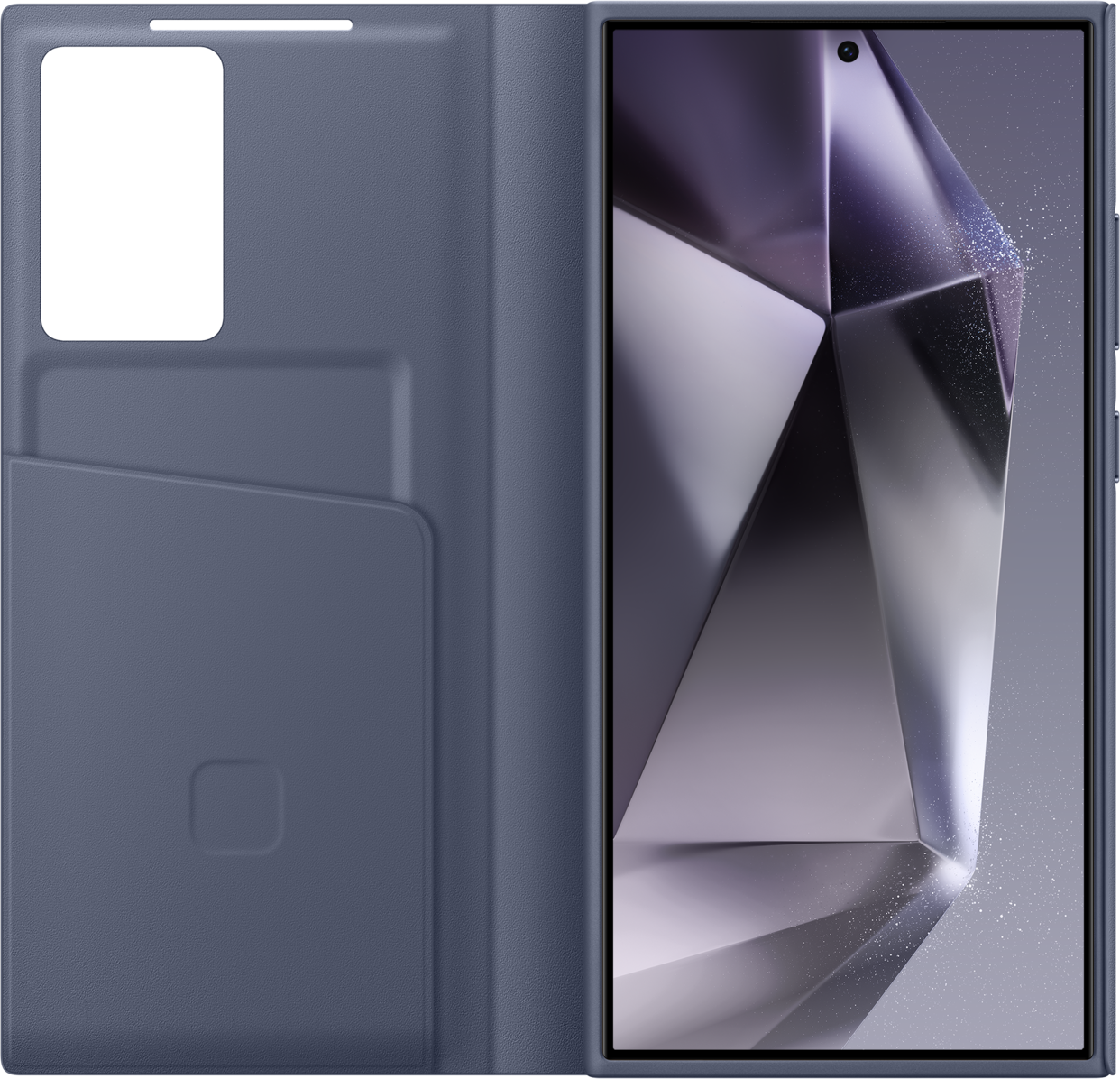 Custodia blu per telefono con scomparti per carte. Schermo mostra un design geometrico.
