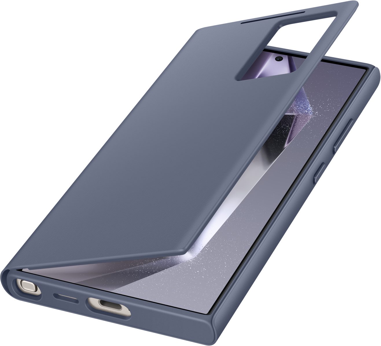 Una custodia blu per telefono con il coperchio superiore leggermente aperto, che rivela lo schermo del telefono.