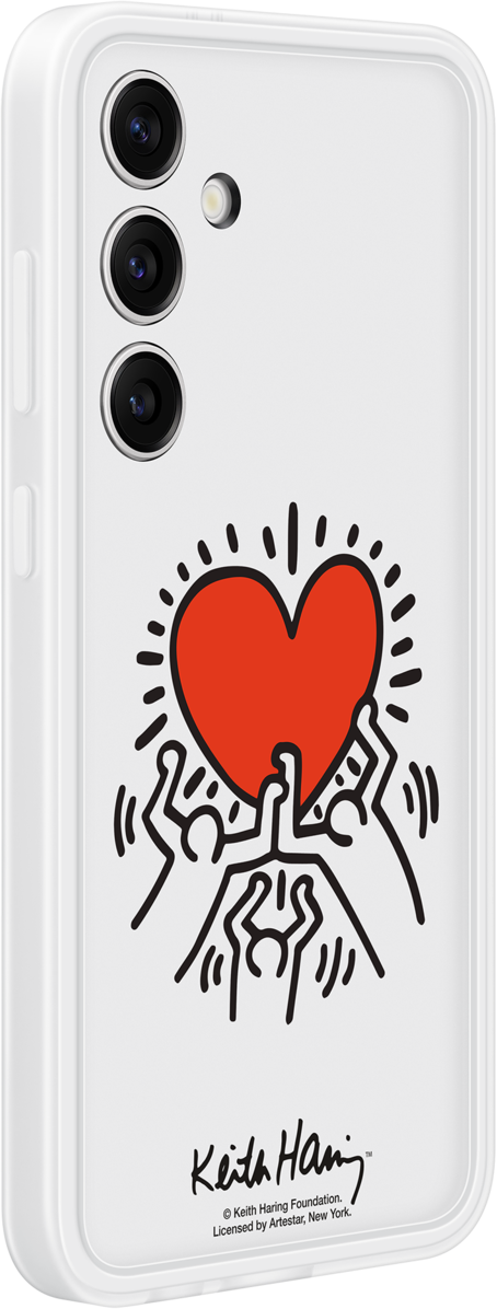 Custodia bianca per telefono con cuore rosso e figure stilizzate. Logo Keith Haring in basso.