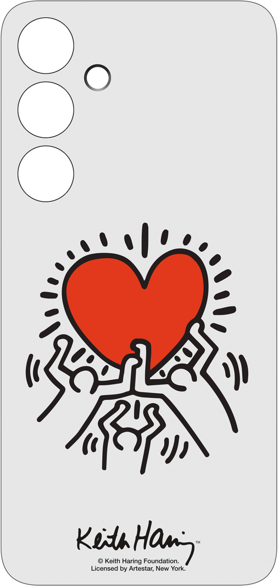 Custodia per telefono con un design a cuore rosso tenuto da omini stilizzati su sfondo bianco.