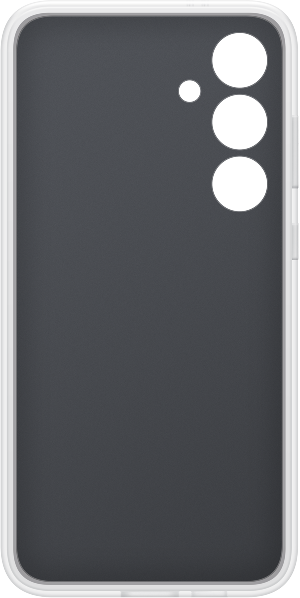 Custodia del telefono. Interno nero, telaio bianco e tre ritagli per la fotocamera. Il telefono non è presente.