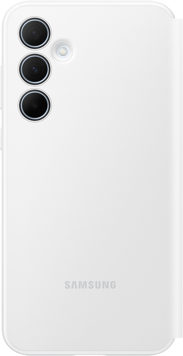 Retro di smartphone bianco con tre fotocamere. 'SAMSUNG' stampato in basso.