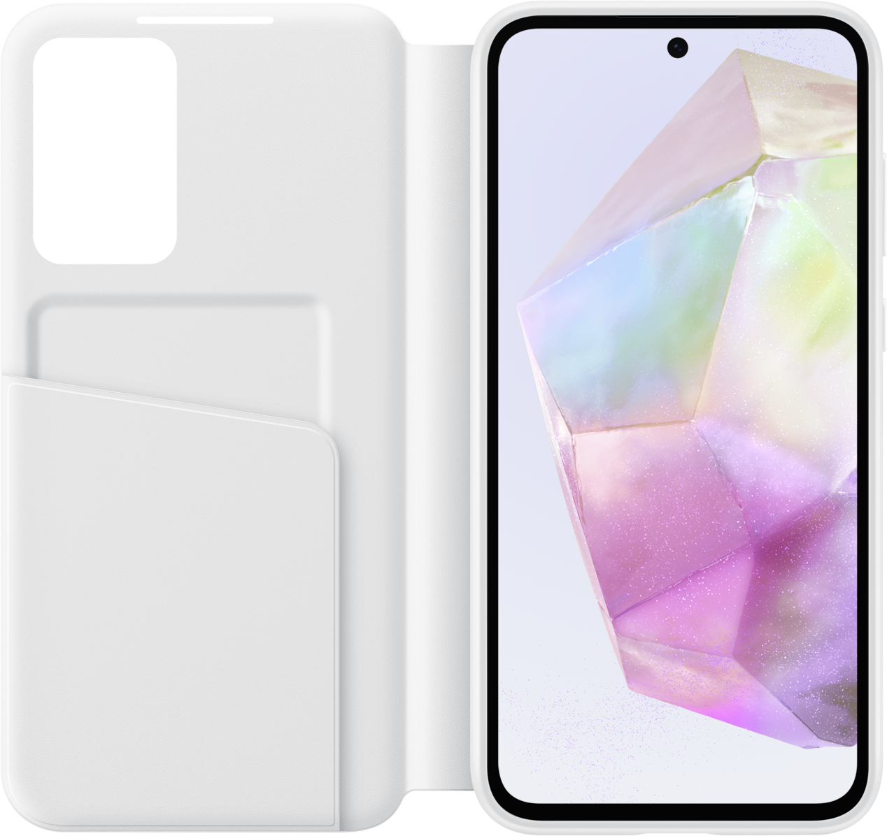 Custodia bianca con un telefono all'interno che mostra un'immagine di cristallo astratta e colorata.