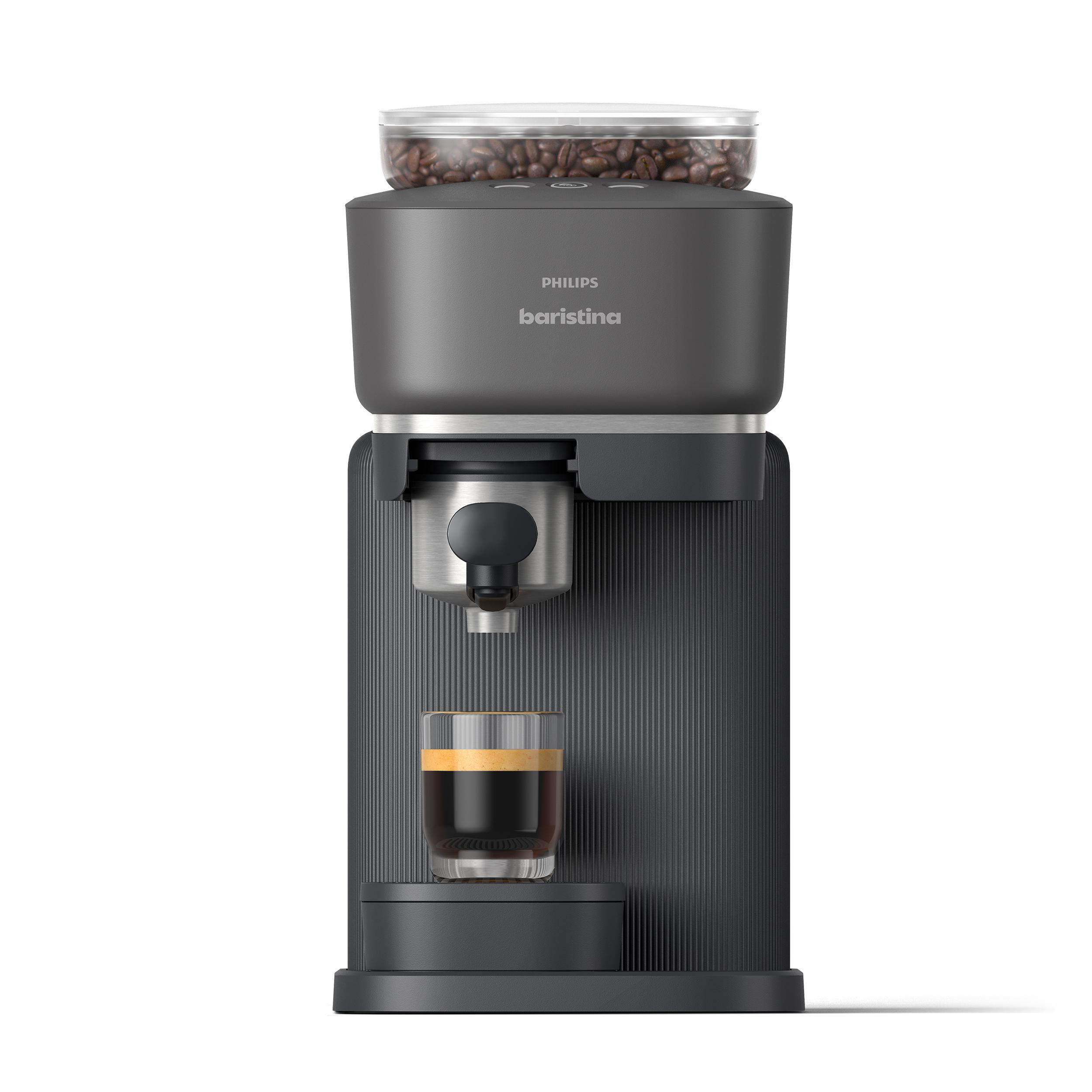 Eine dunkelgraue Espressomaschine mit einem Glas und Kaffeebohnen oben drauf.
