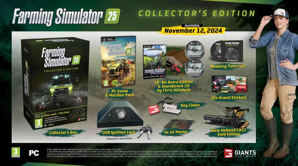 Een promotieafbeelding. Een vrouw en items voor Farming Simulator 25.